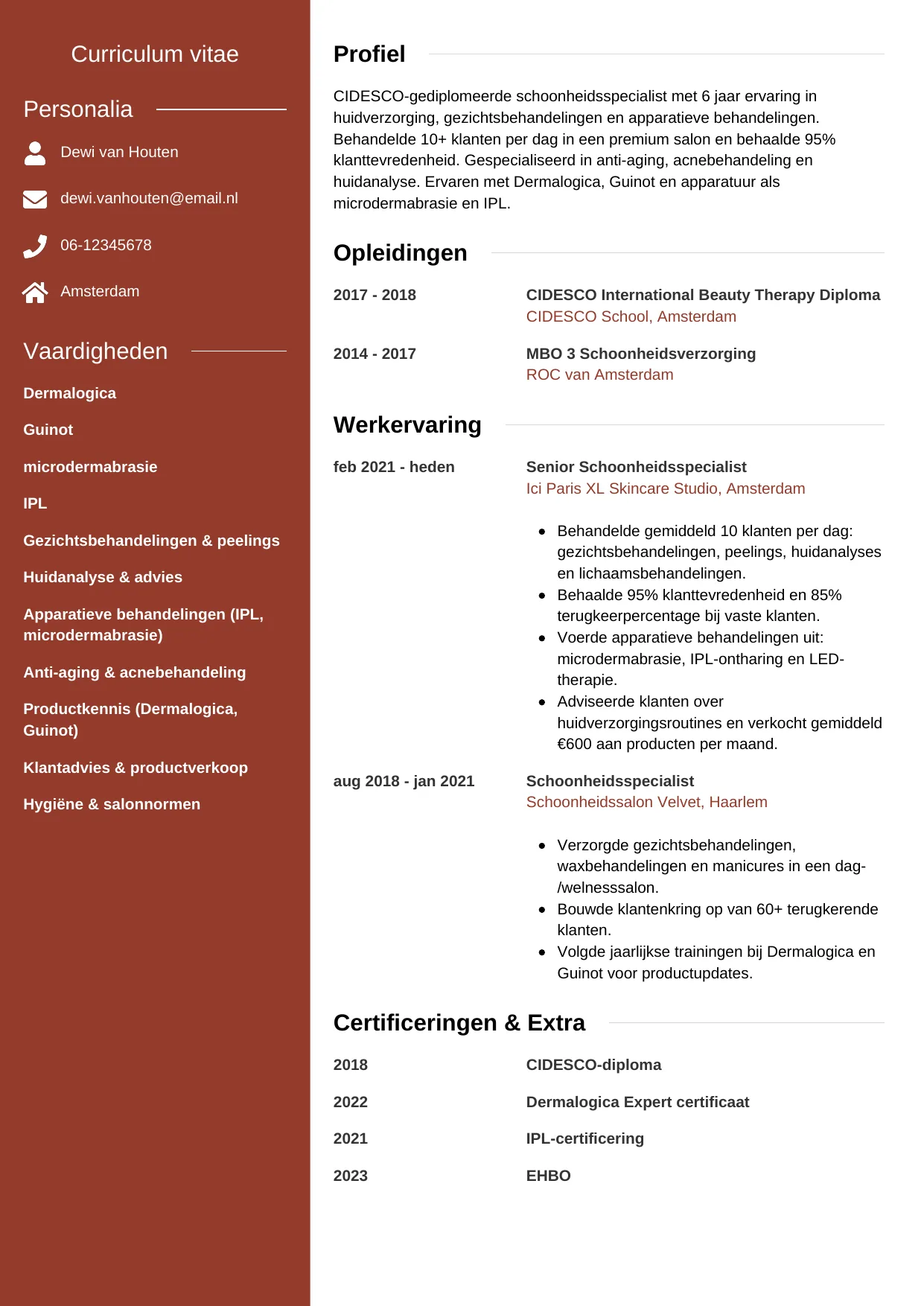 Voorbeeld CV voor schoonheidsspecialist in template Modern. CV Modern voor schoonheidsspecialist