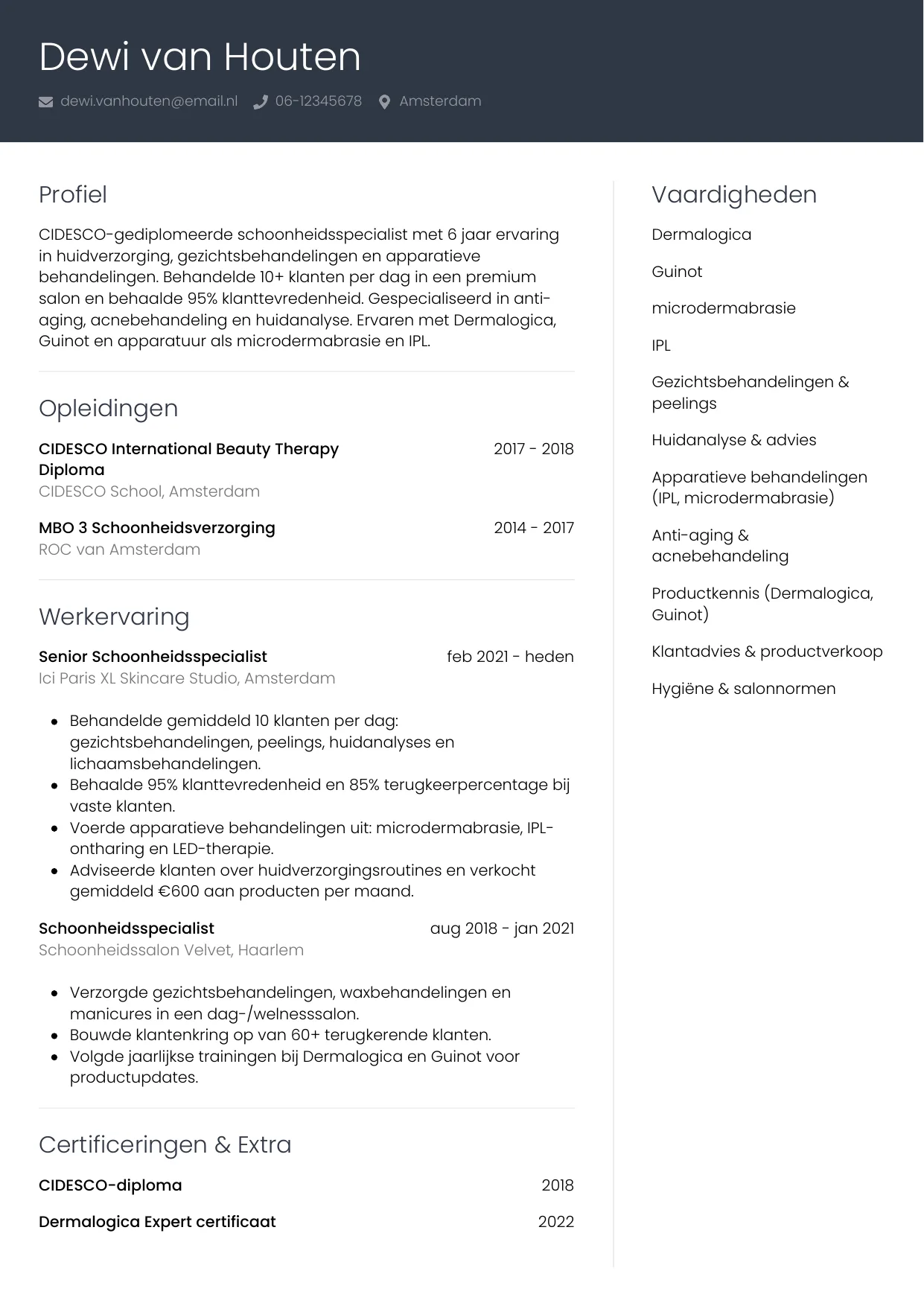 Voorbeeld CV voor schoonheidsspecialist in template Professioneel. CV Professioneel voor schoonheidsspecialist