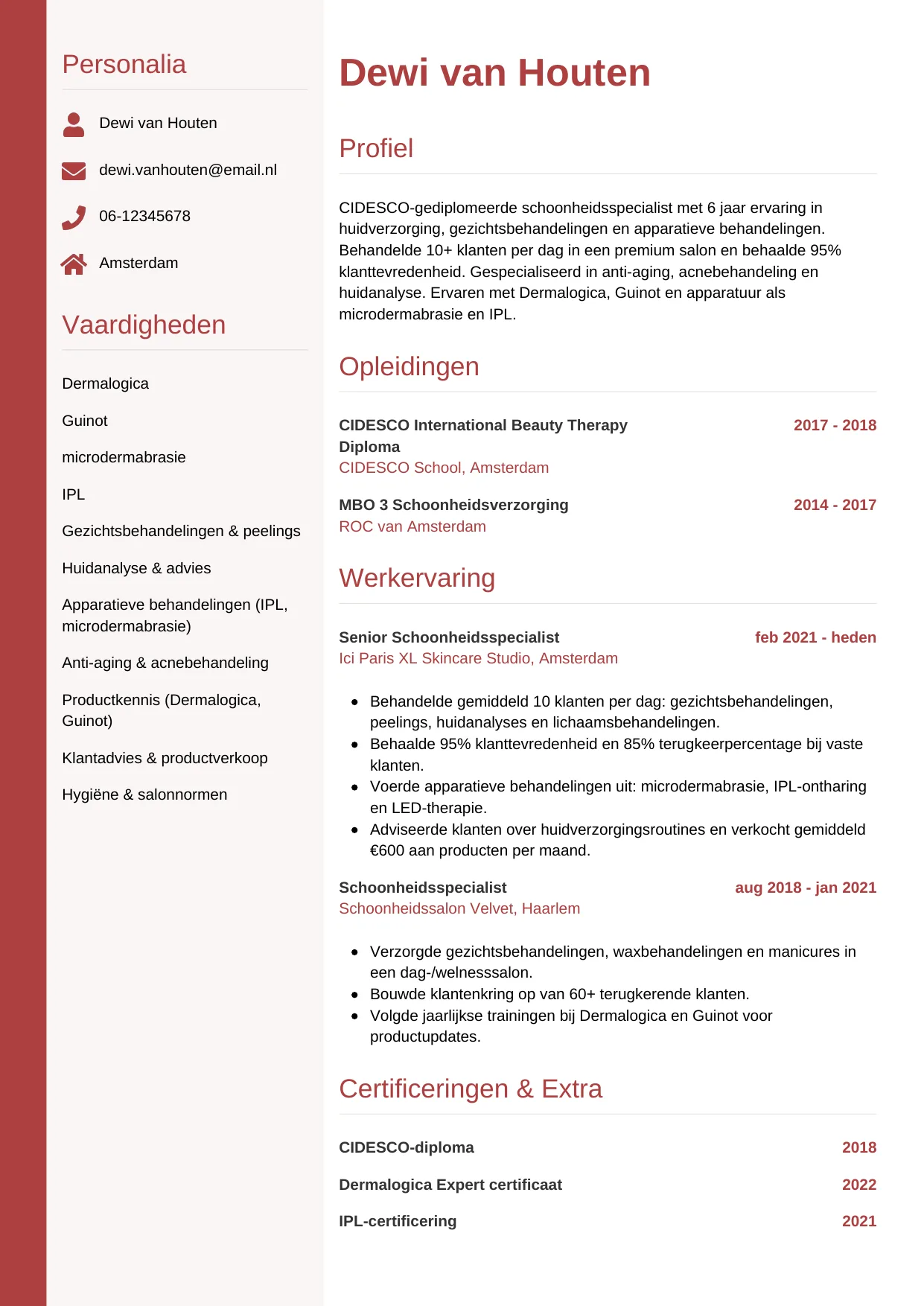 Voorbeeld CV voor schoonheidsspecialist in template Verticaal. CV Verticaal voor schoonheidsspecialist