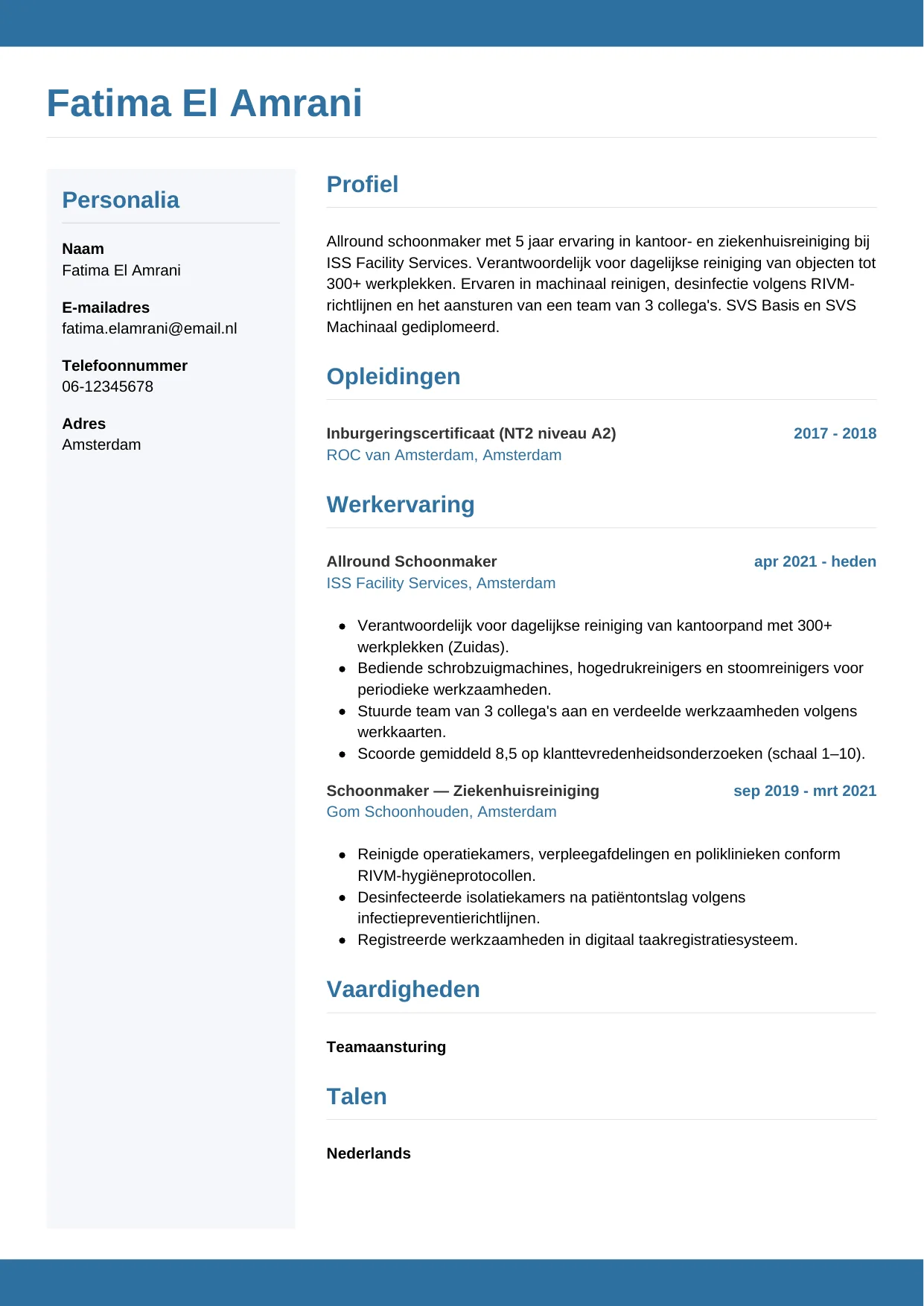 CV Horizontaal voor schoonmaker
