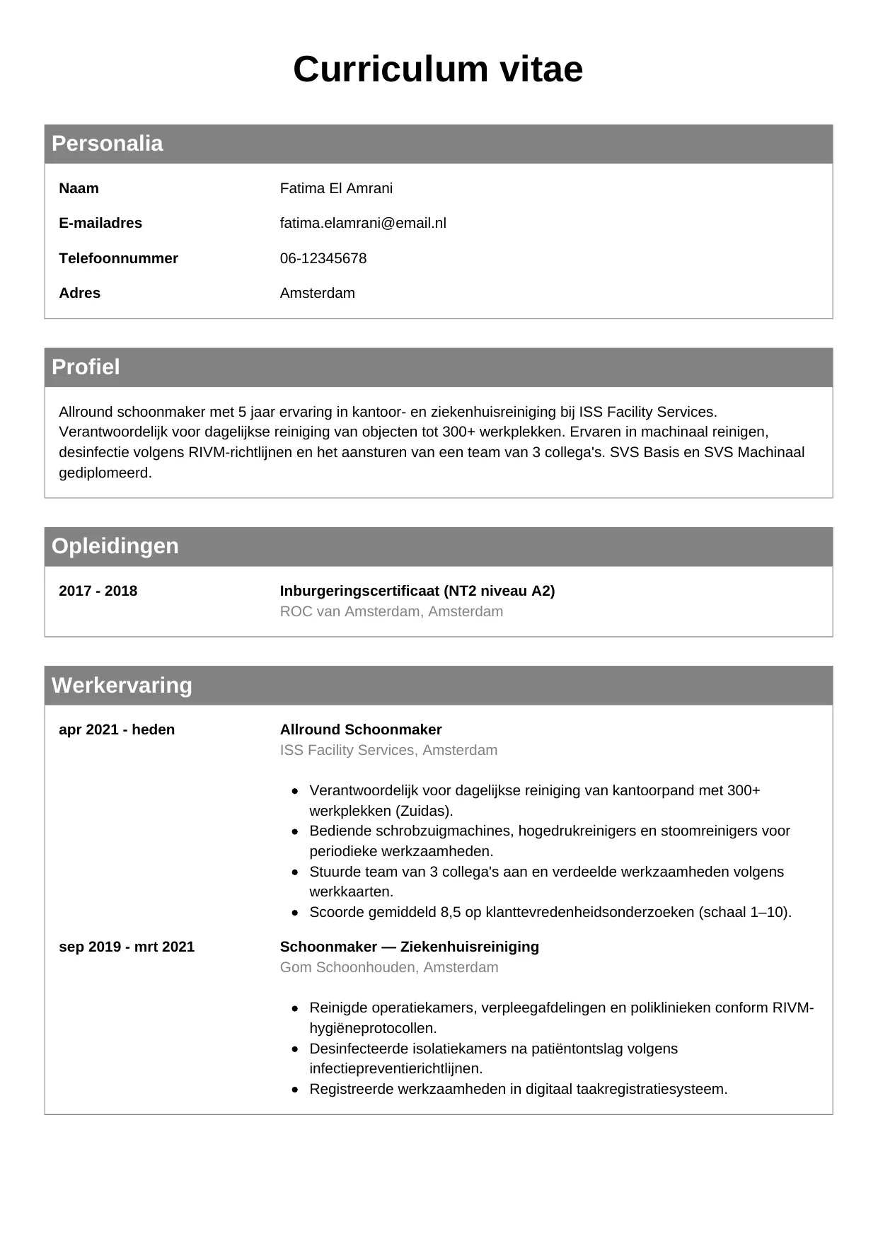 CV Klassiek voor schoonmaker