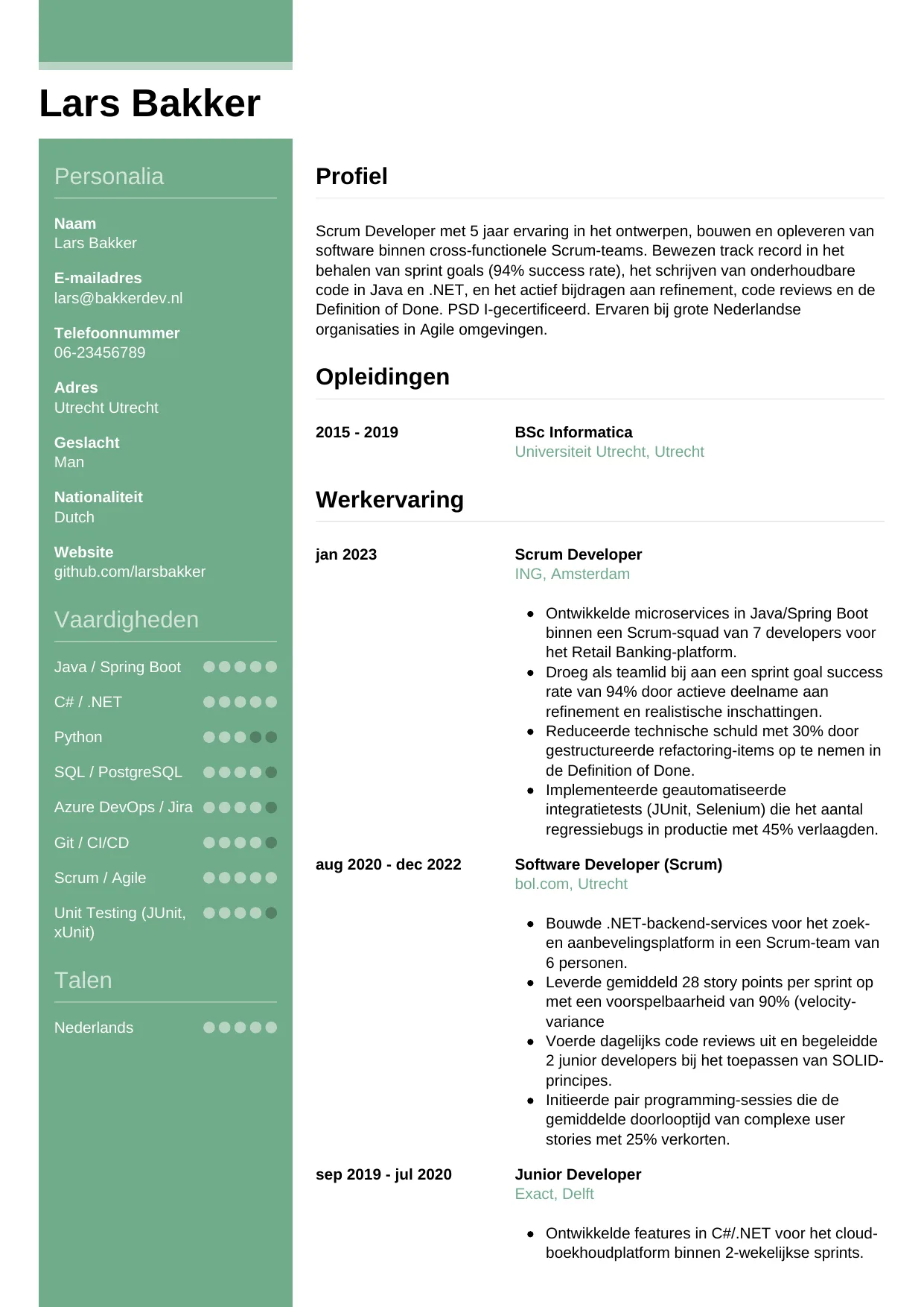 Voorbeeld CV voor scrum developer in template Casual. CV Casual voor scrum developer