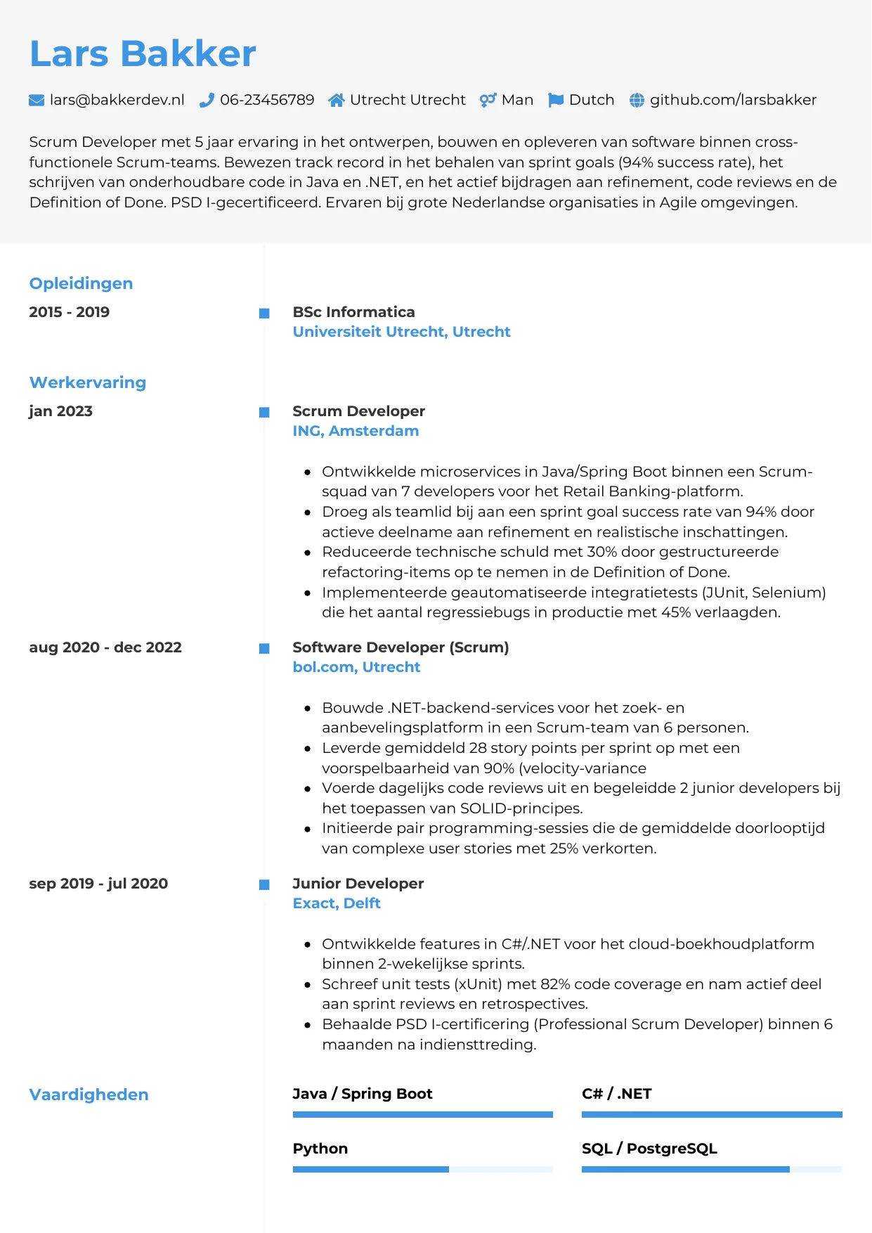 Voorbeeld CV voor scrum developer in template Chrono. CV Chrono voor scrum developer