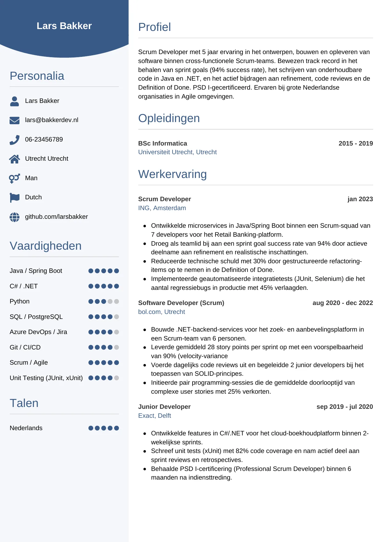 Voorbeeld CV voor scrum developer in template Circulair. CV Circulair voor scrum developer