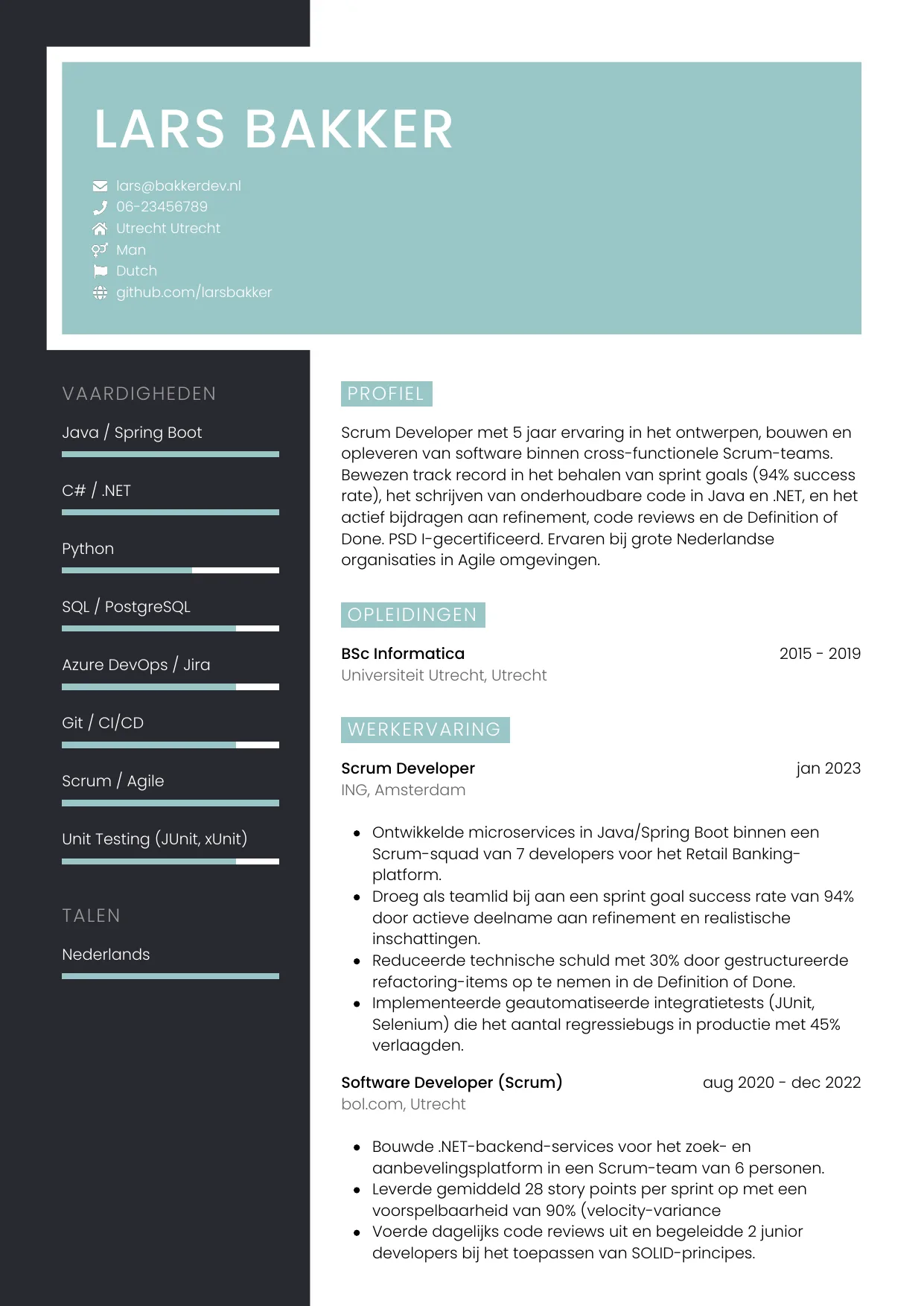 Voorbeeld CV voor scrum developer in template Elegant. CV Elegant voor scrum developer