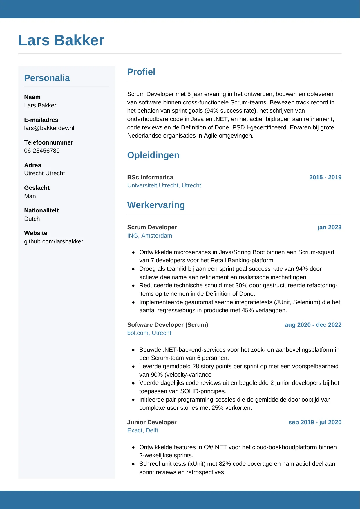 Voorbeeld CV voor scrum developer in template Horizontaal. CV Horizontaal voor scrum developer