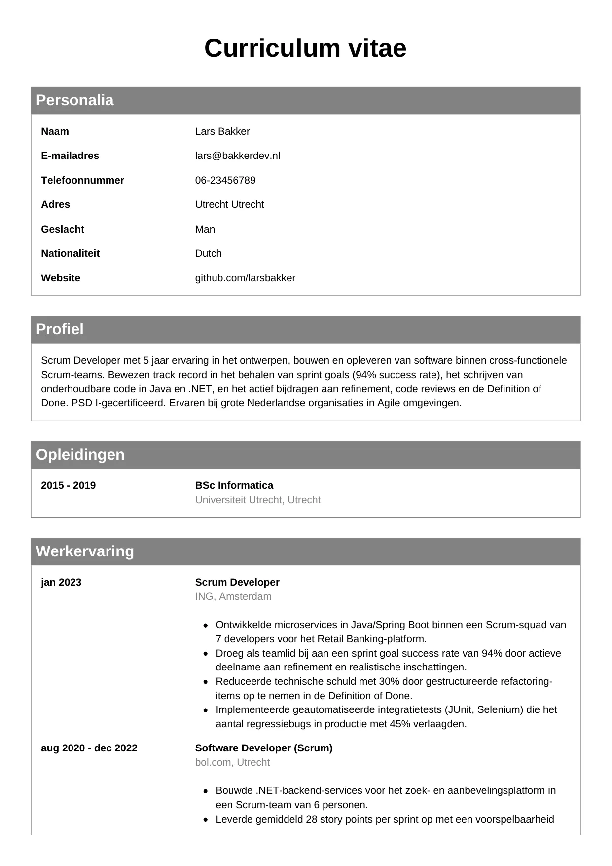 Voorbeeld CV voor scrum developer in template Klassiek. CV Klassiek voor scrum developer