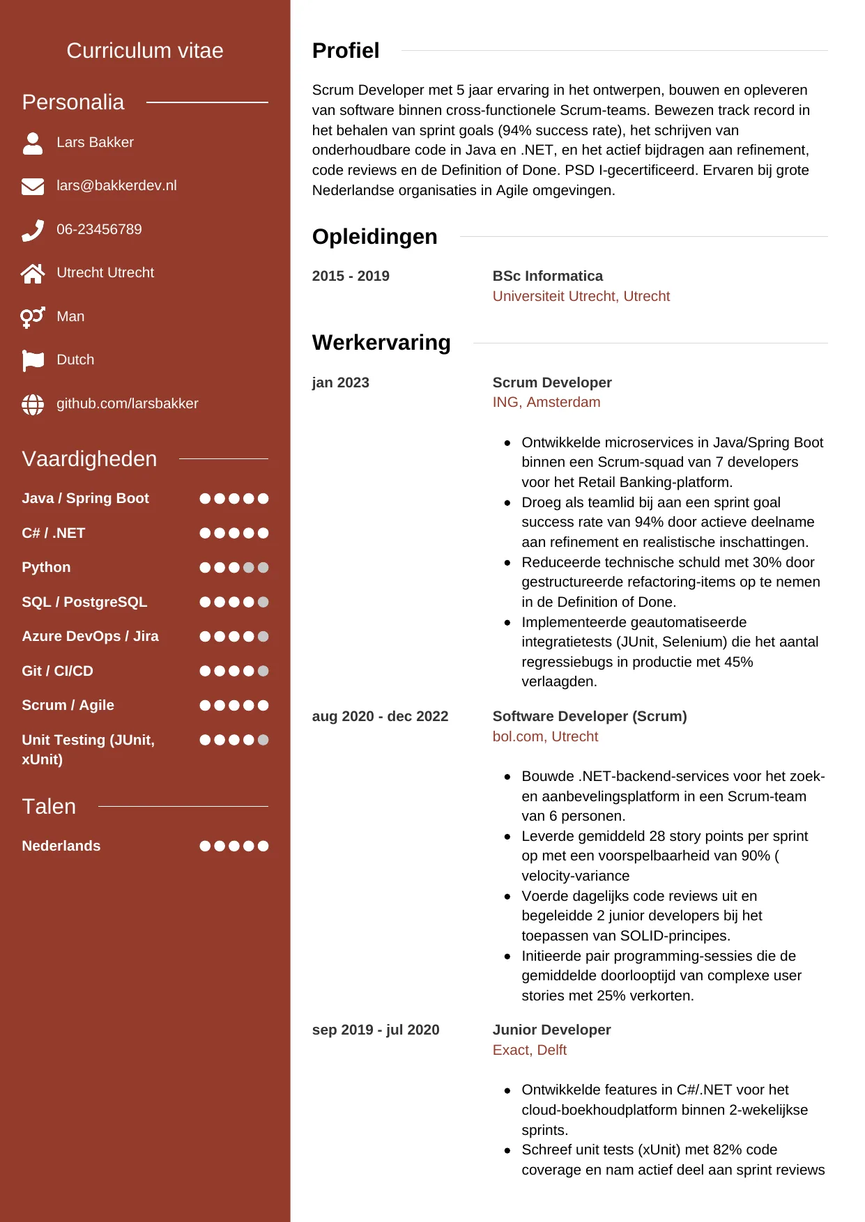 Voorbeeld CV voor scrum developer in template Modern. CV Modern voor scrum developer