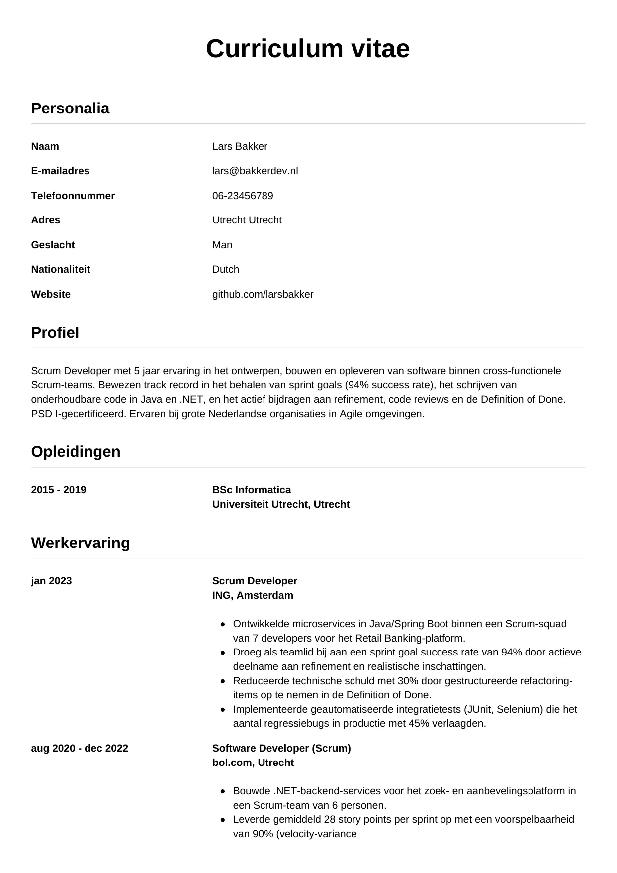 Voorbeeld CV voor scrum developer in template Simpel. CV Simpel voor scrum developer