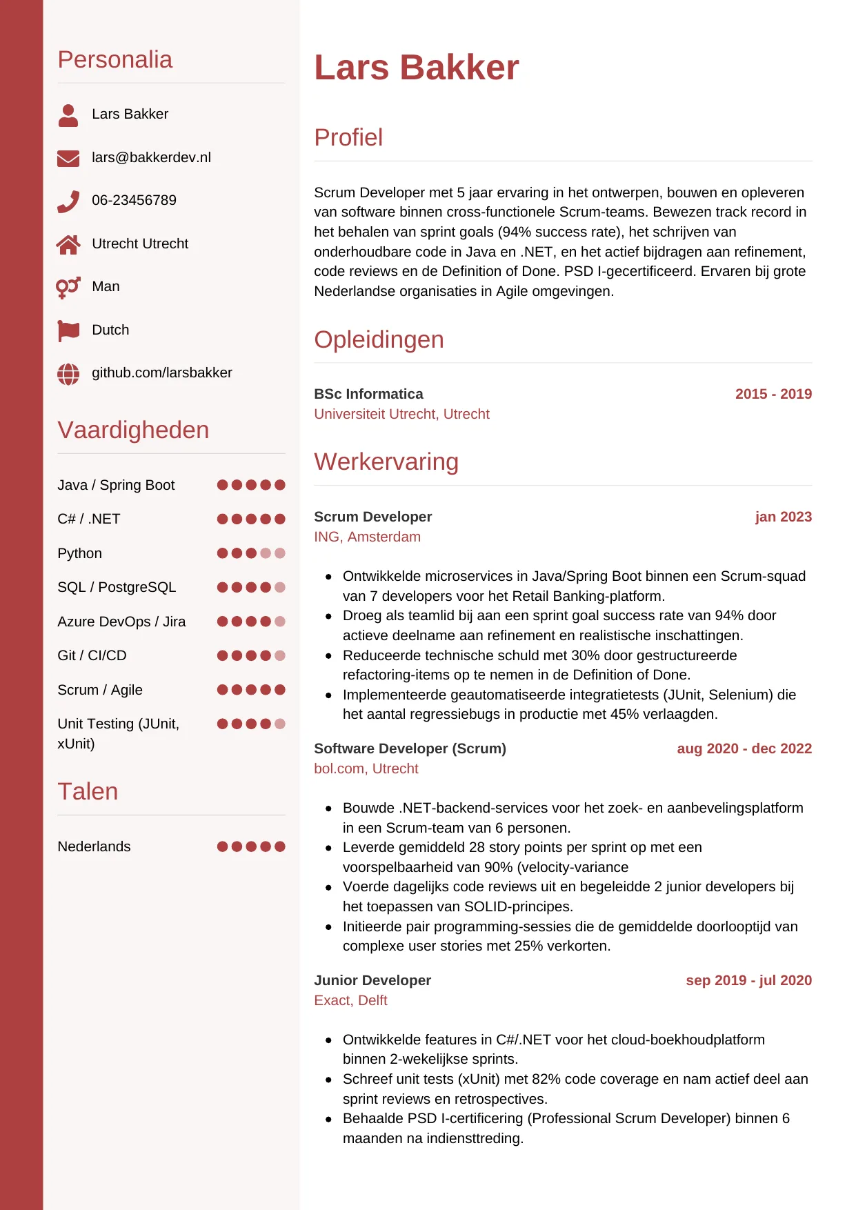 Voorbeeld CV voor scrum developer in template Verticaal. CV Verticaal voor scrum developer