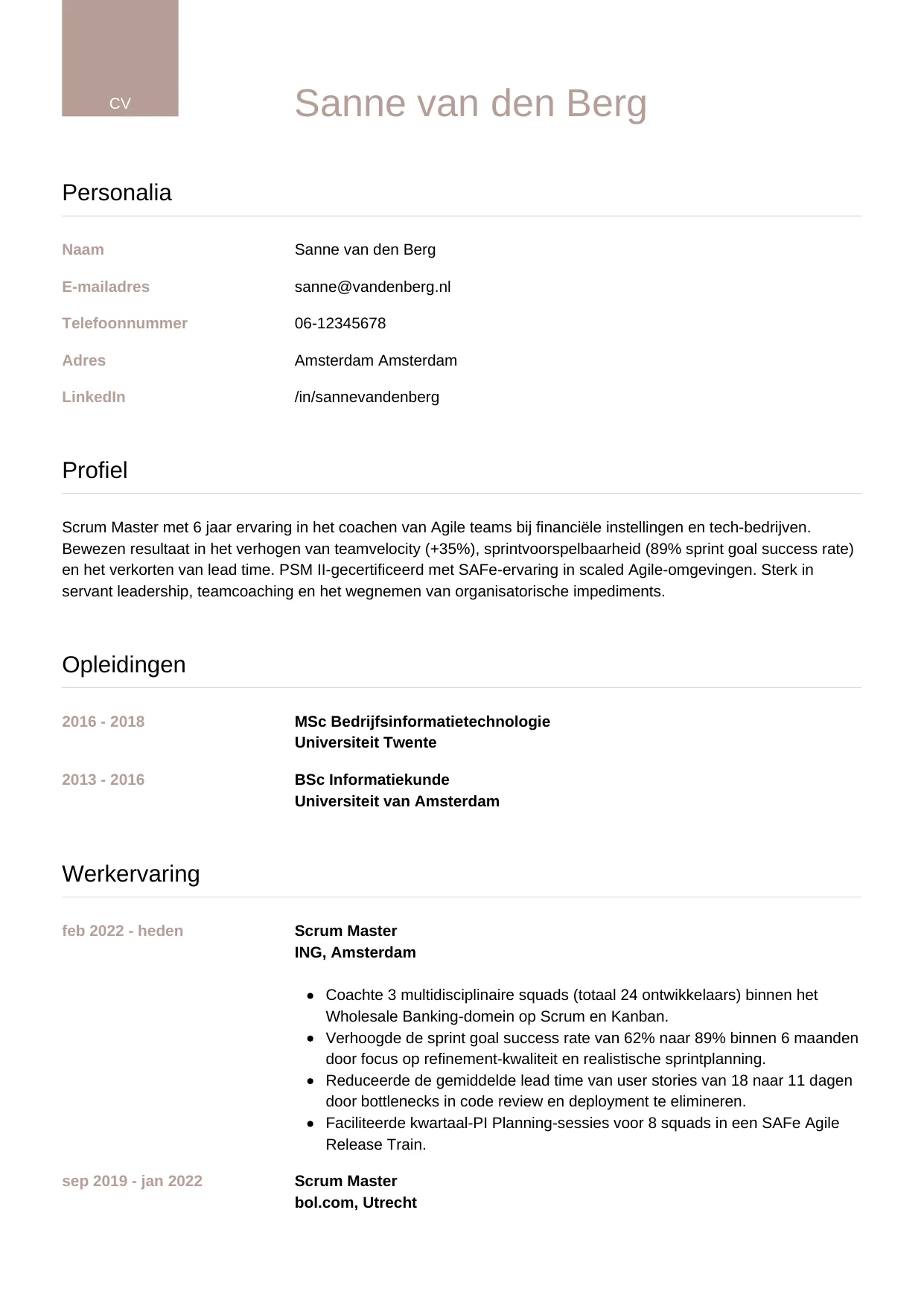 CV Luxe voor scrum master