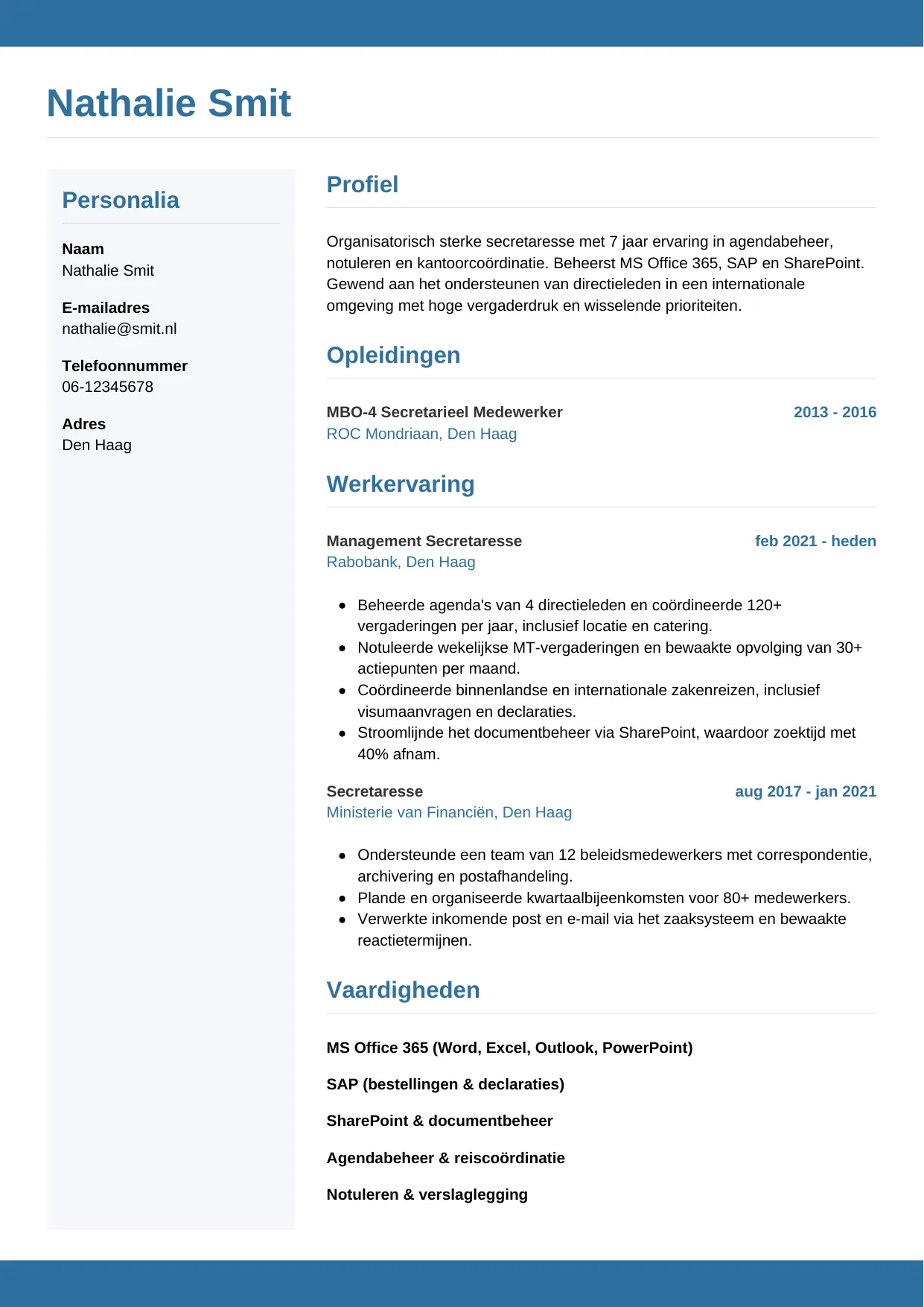 CV Horizontaal voor secretaresse