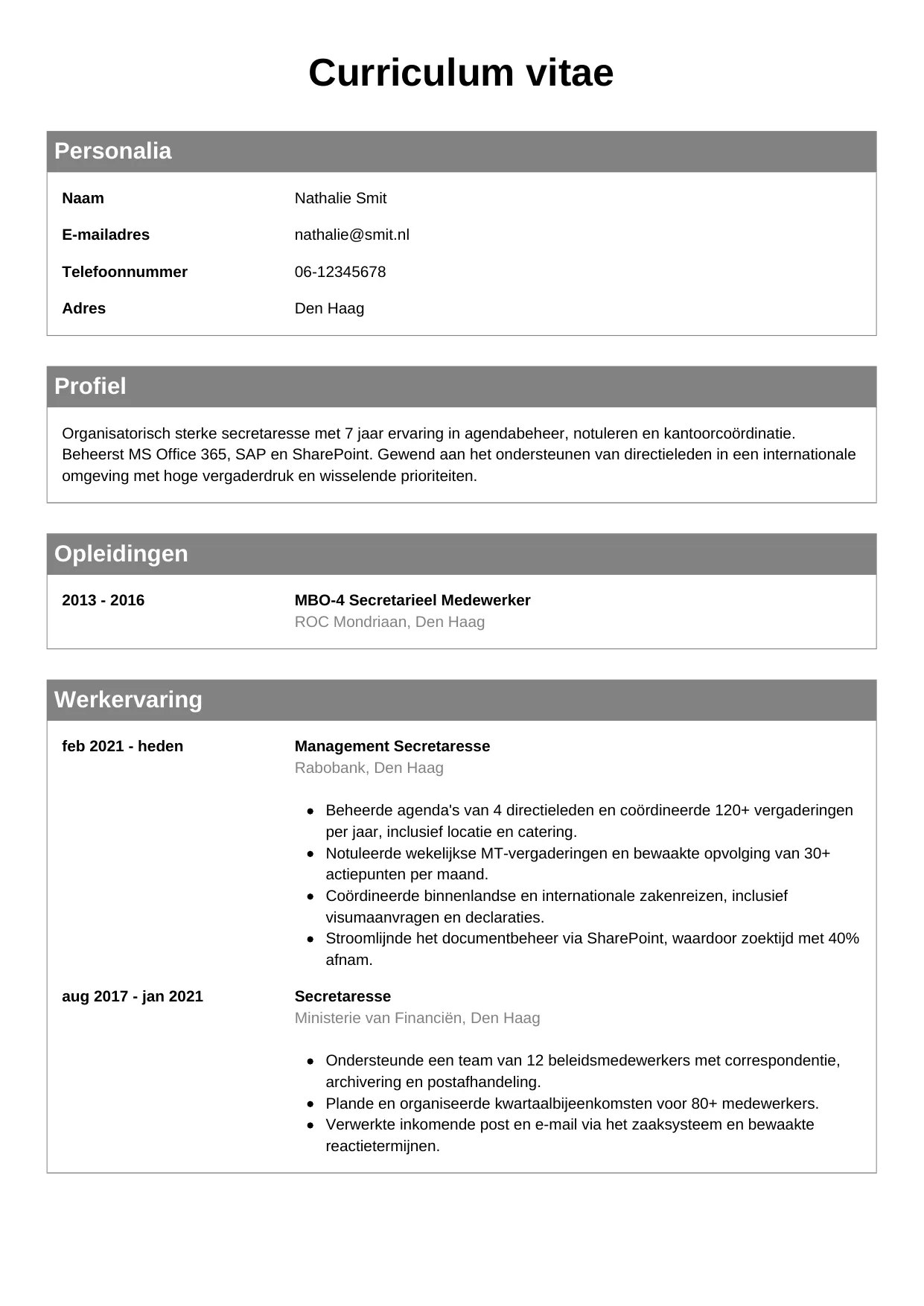 CV Klassiek voor secretaresse