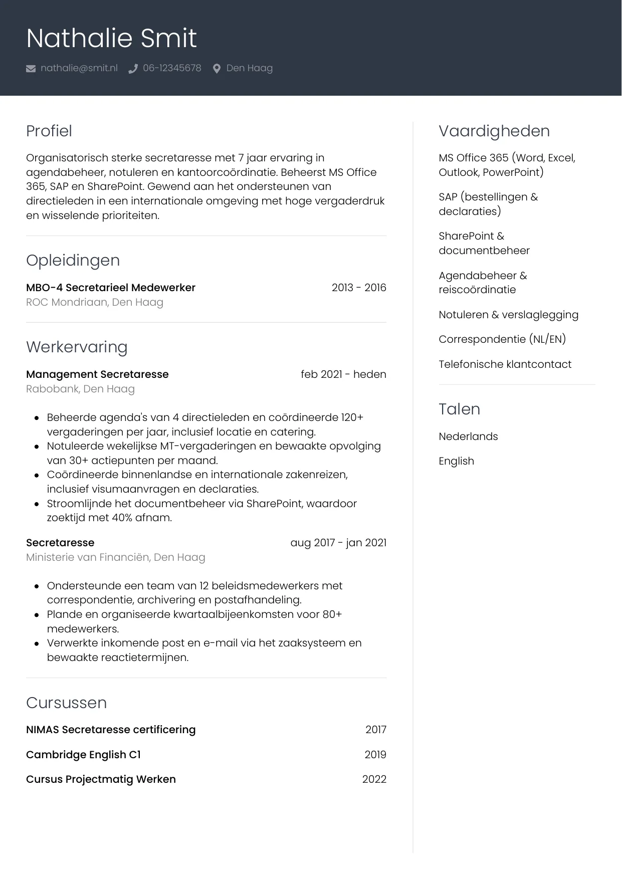 CV Professioneel voor secretaresse