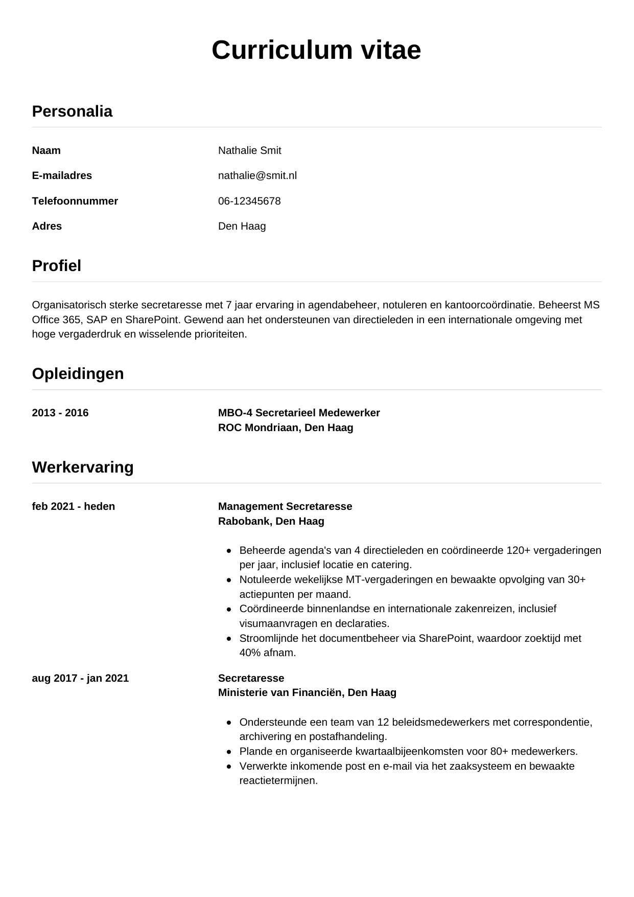 CV Simpel voor secretaresse