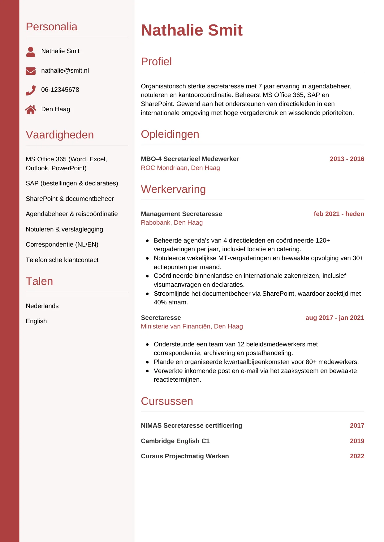 CV Verticaal voor secretaresse