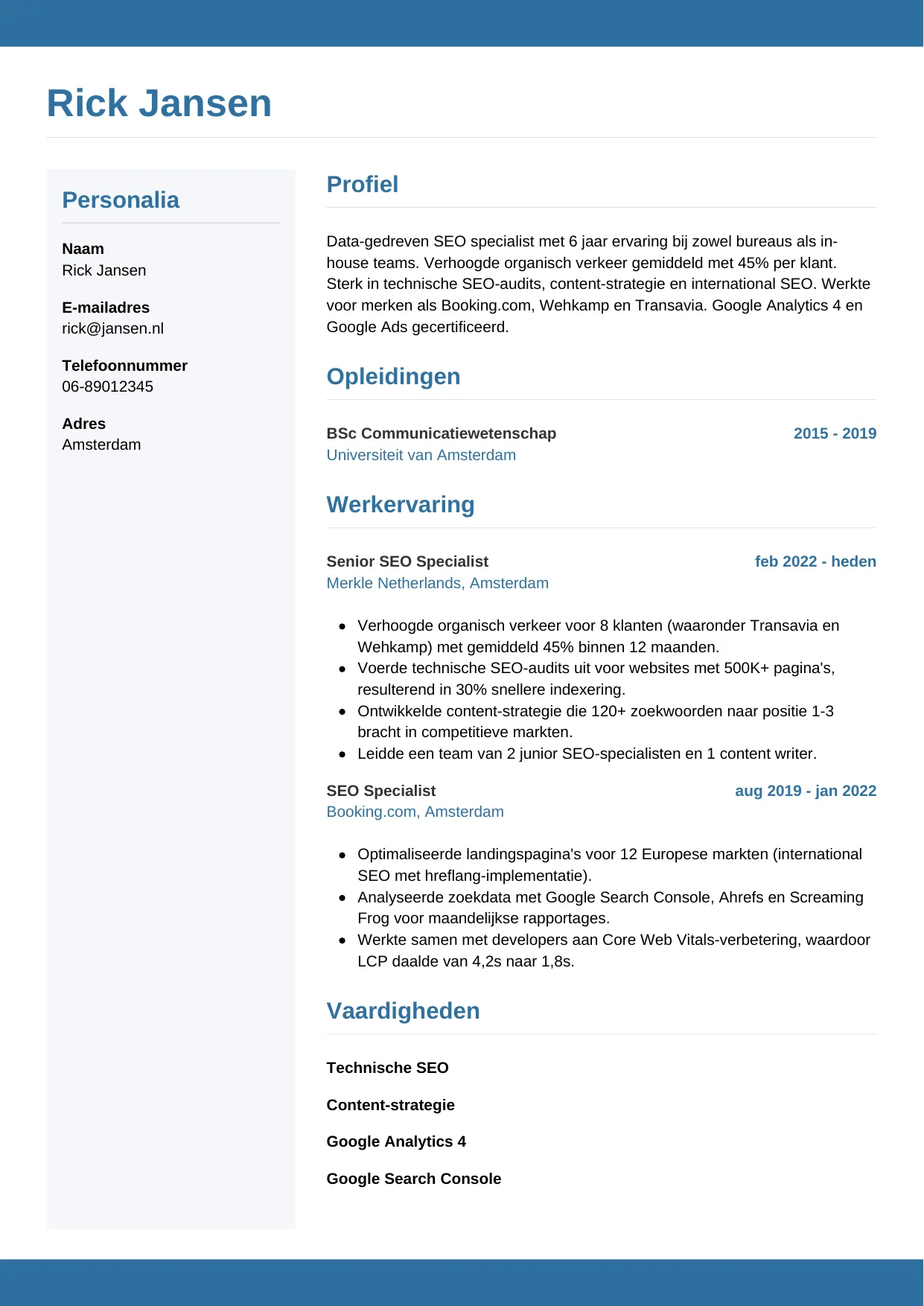 CV Horizontaal voor seo specialist