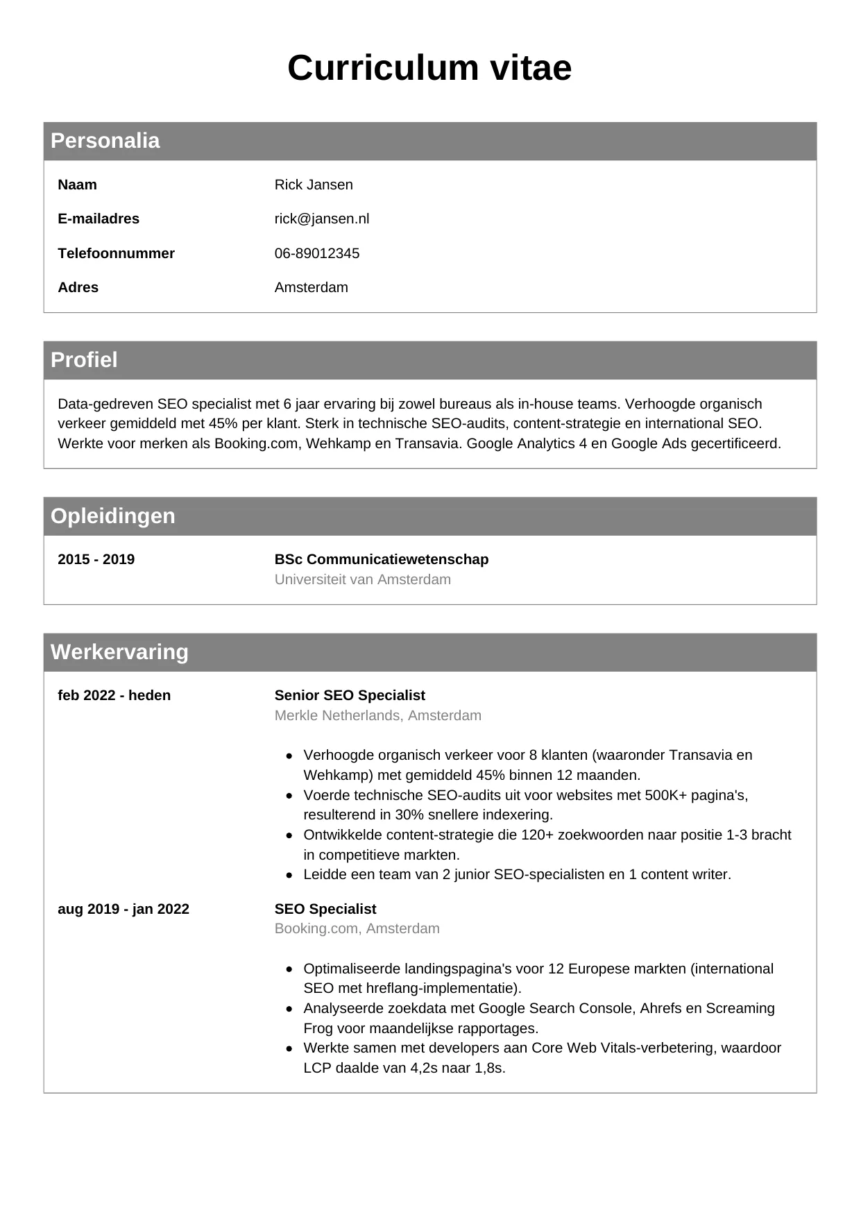 CV Klassiek voor seo specialist