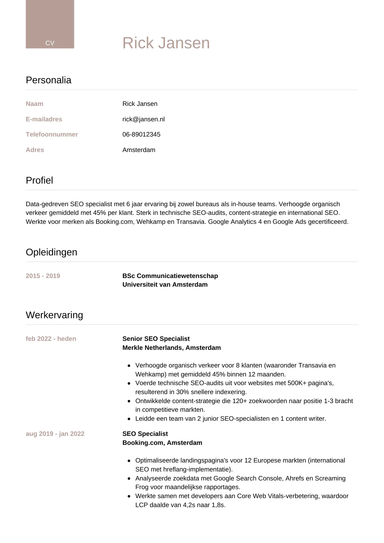 CV Luxe voor seo specialist
