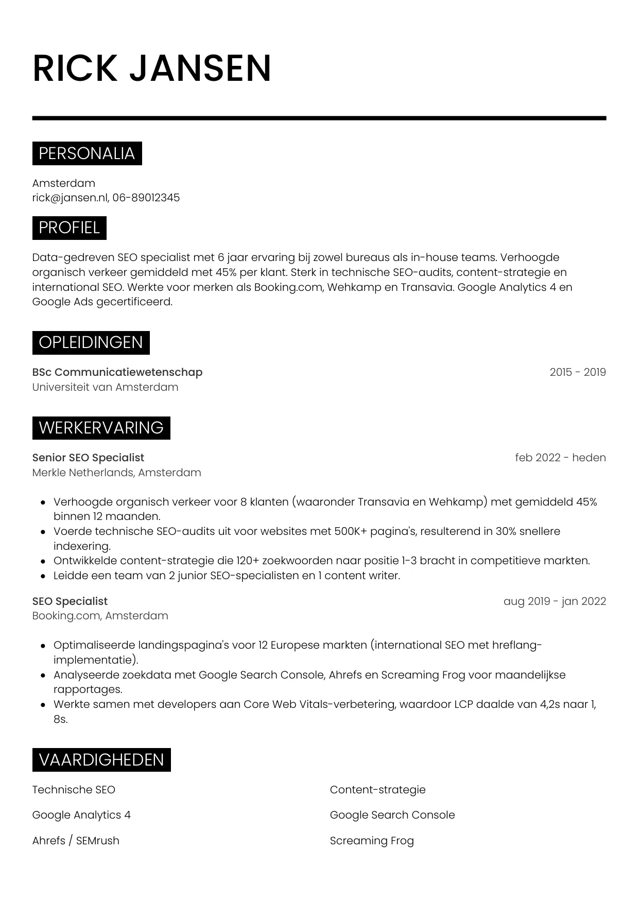 CV Metro voor seo specialist