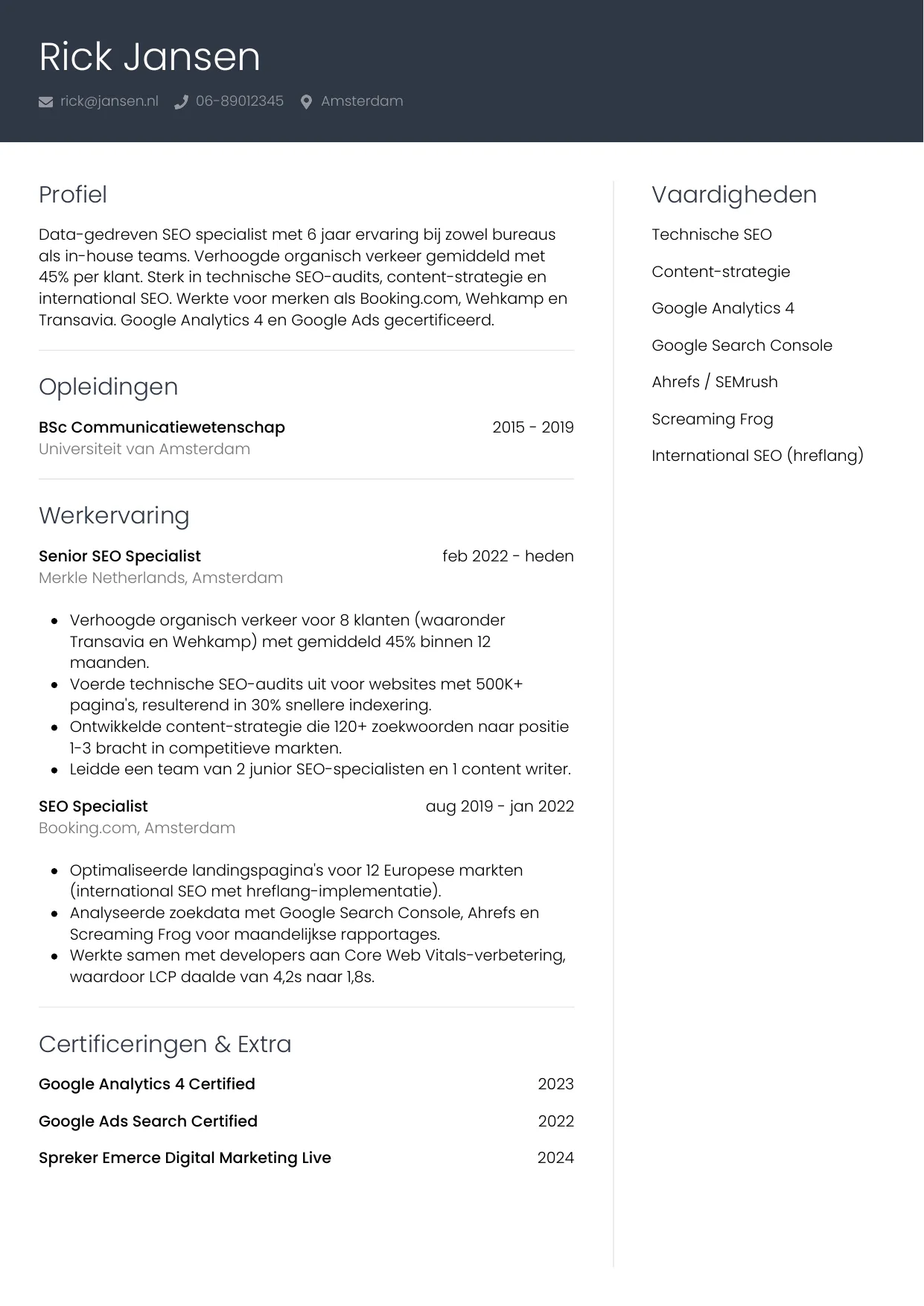 CV Professioneel voor seo specialist