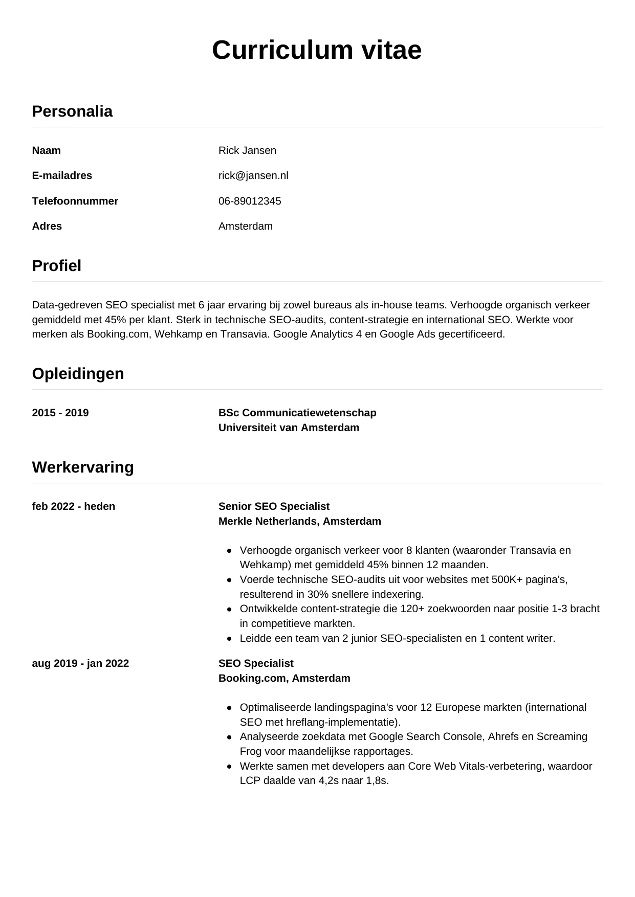 CV Simpel voor seo specialist