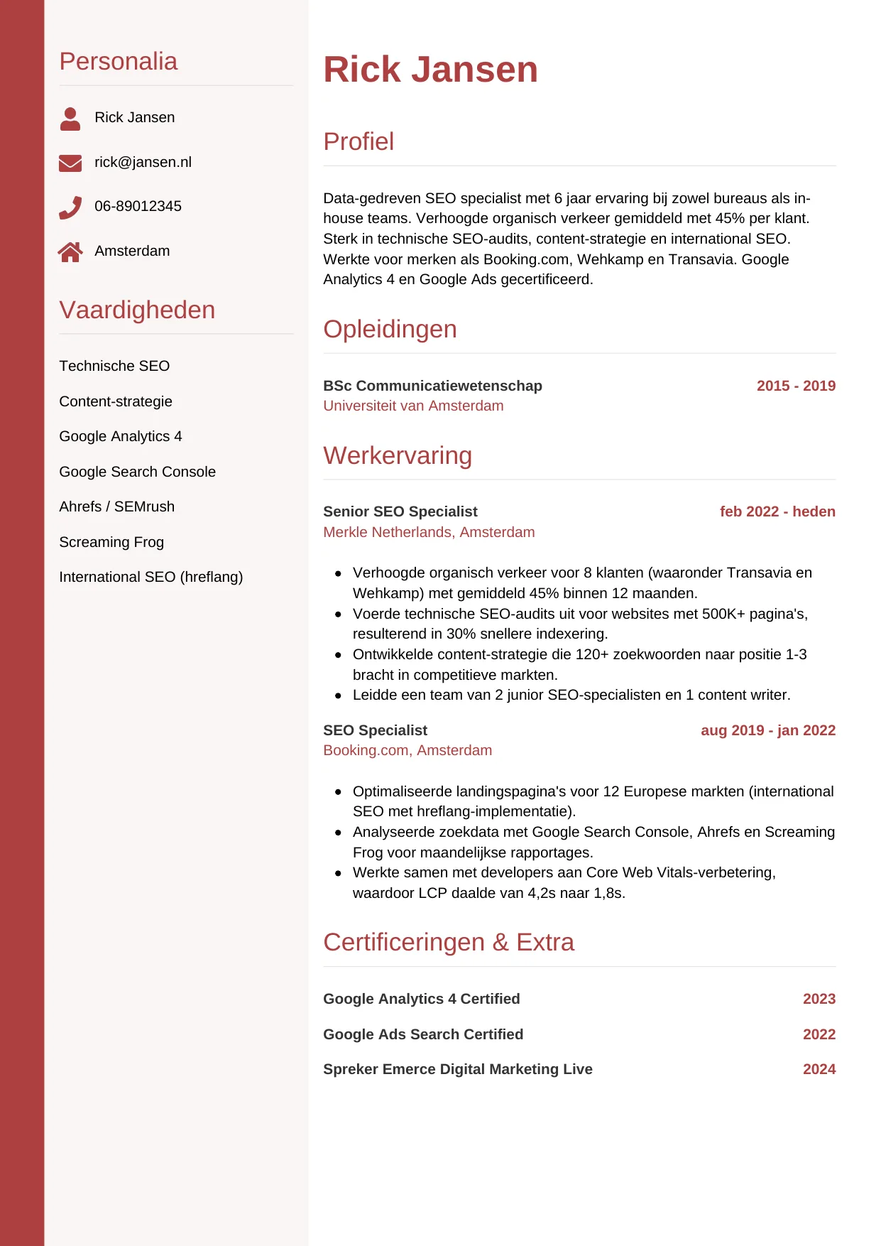 CV Verticaal voor seo specialist