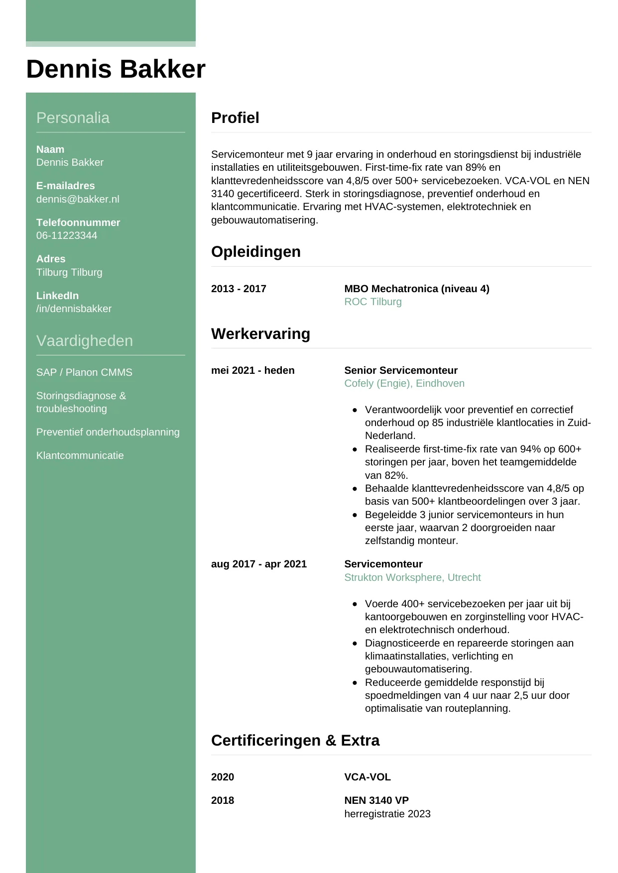Voorbeeld CV voor servicemonteur in template Casual. CV Casual voor servicemonteur