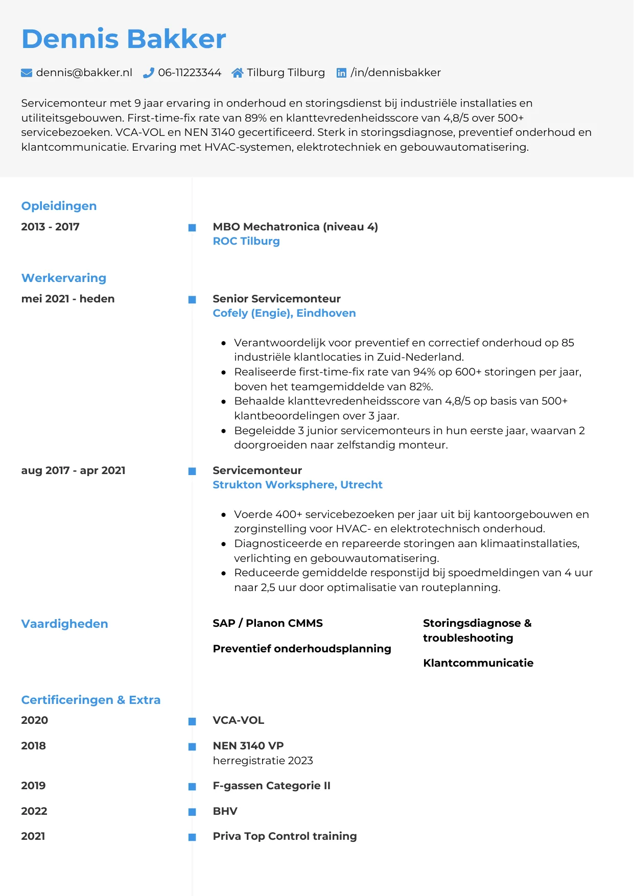 Voorbeeld CV voor servicemonteur in template Chrono. CV Chrono voor servicemonteur
