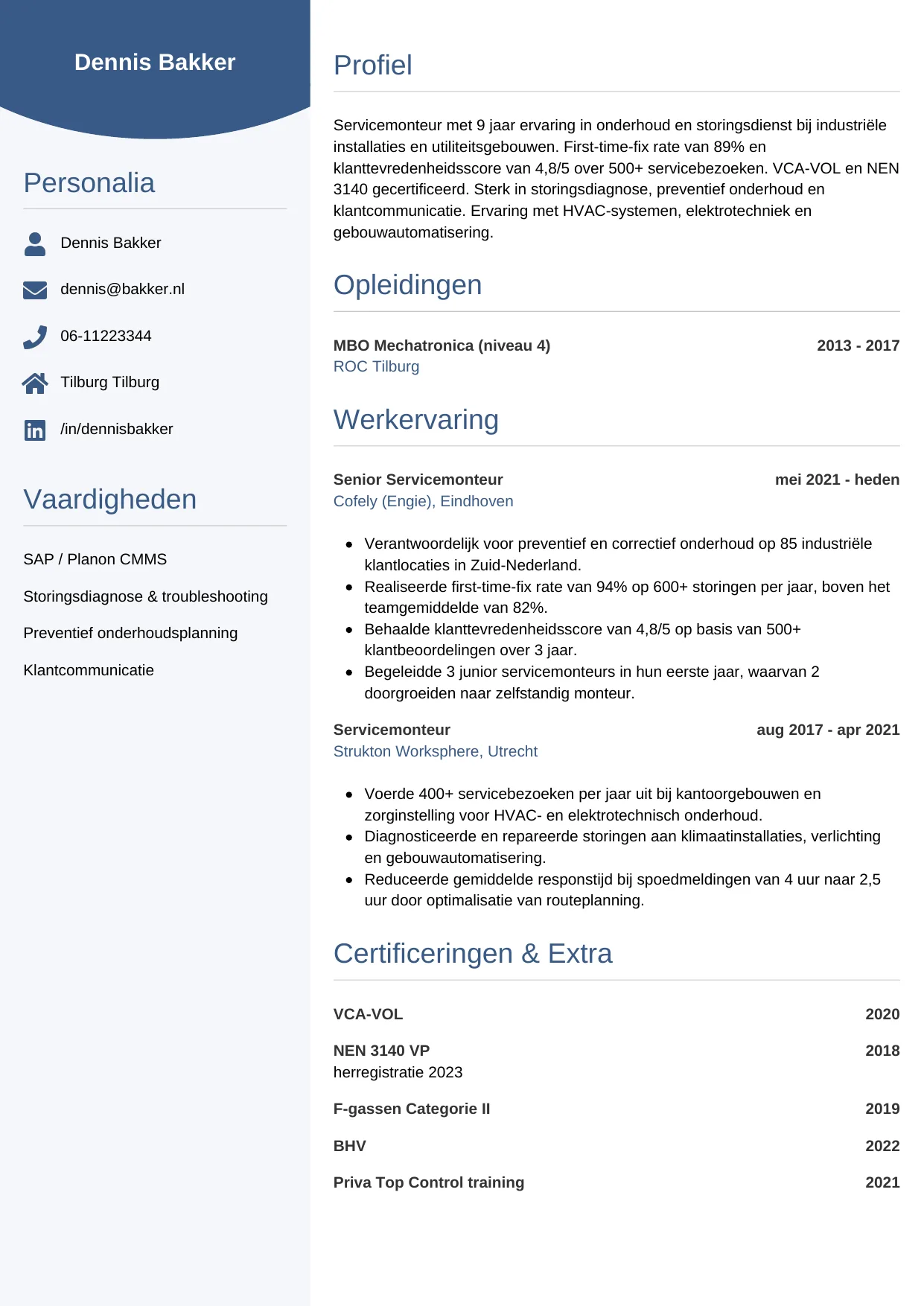 Voorbeeld CV voor servicemonteur in template Circulair. CV Circulair voor servicemonteur