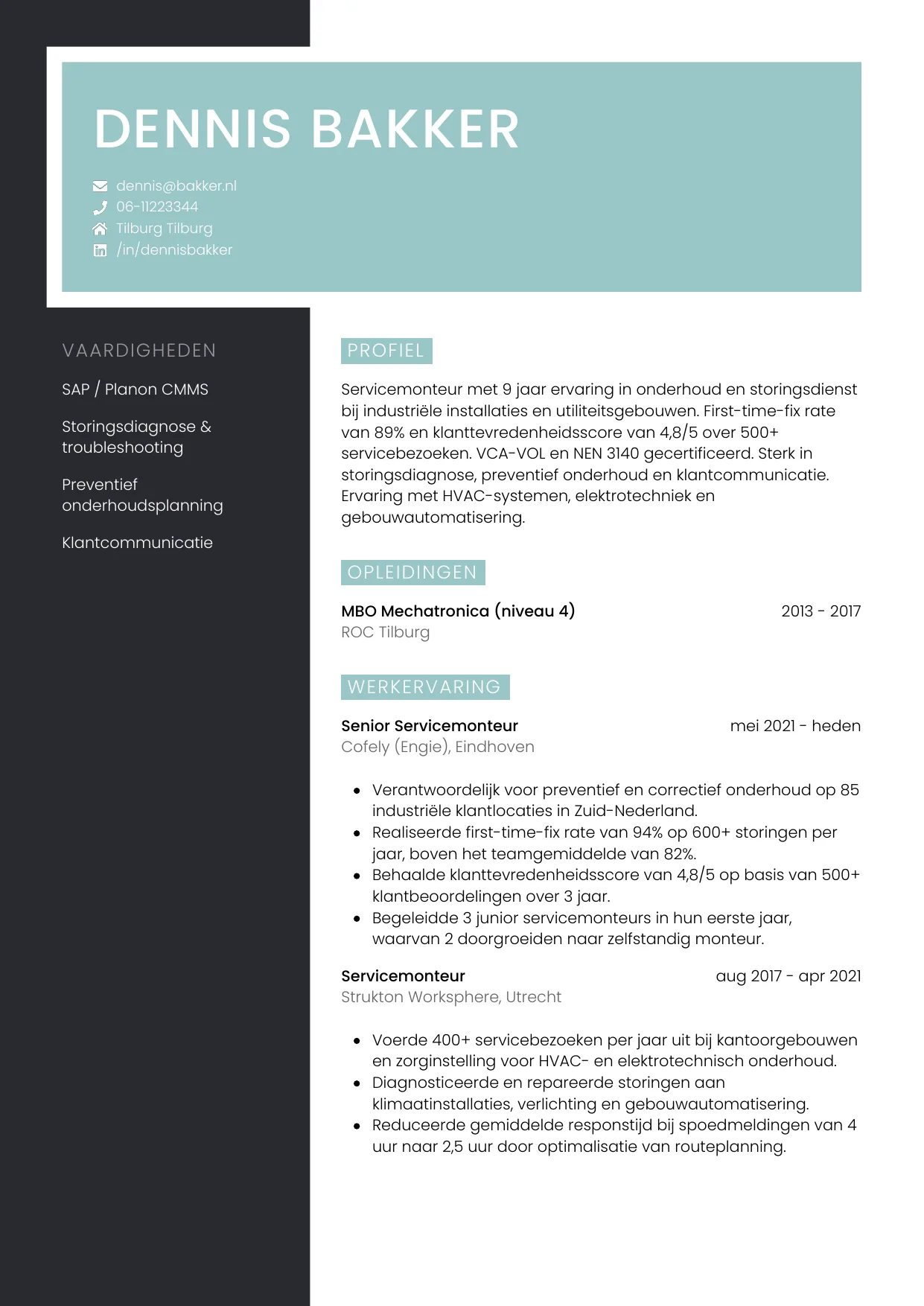 Voorbeeld CV voor servicemonteur in template Elegant. CV Elegant voor servicemonteur
