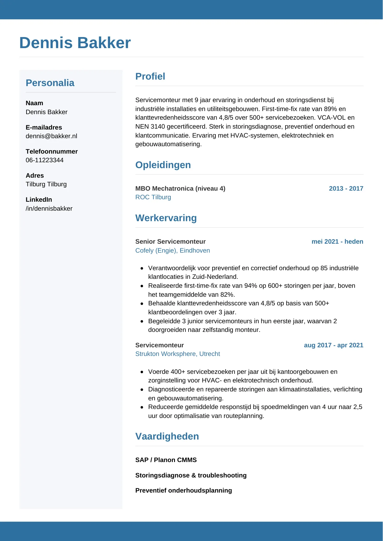 Voorbeeld CV voor servicemonteur in template Horizontaal. CV Horizontaal voor servicemonteur