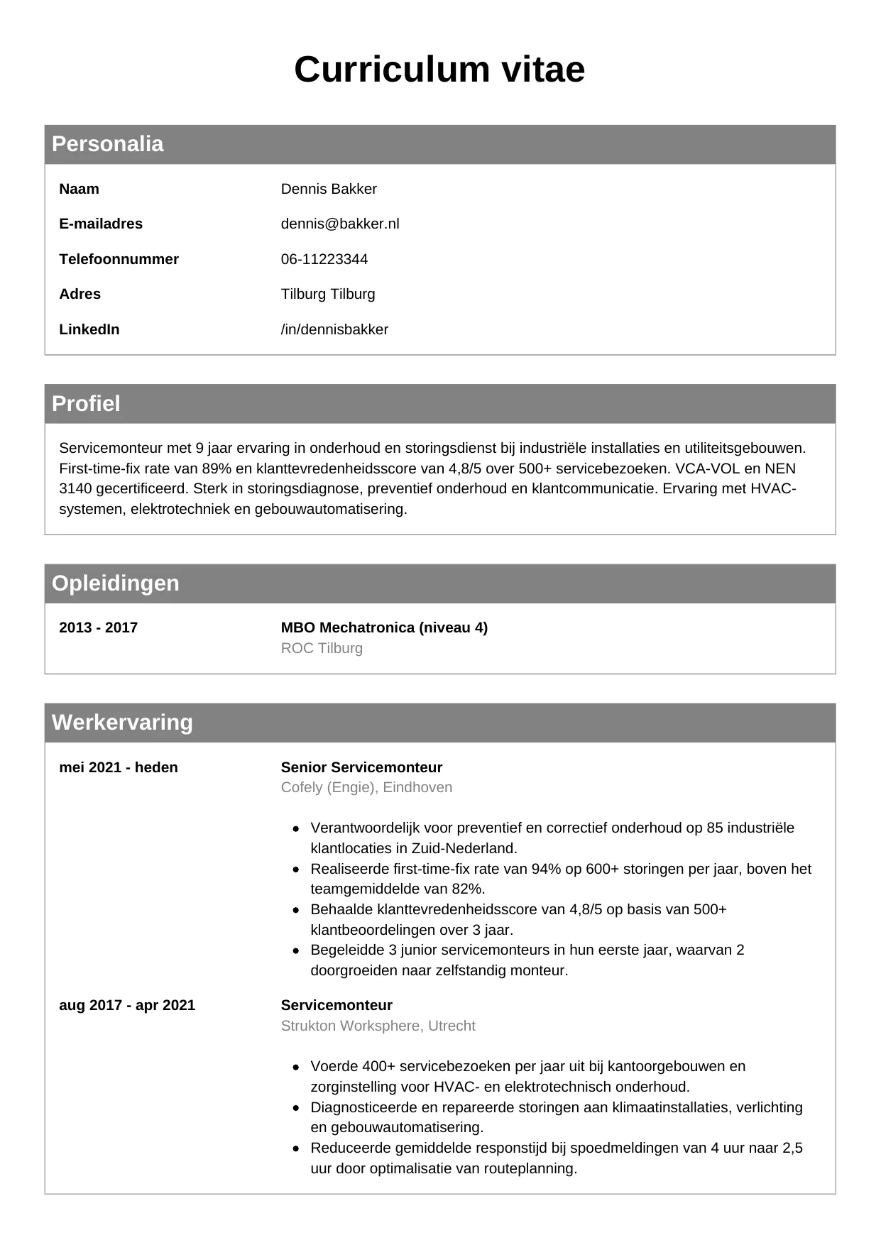 Voorbeeld CV voor servicemonteur in template Klassiek. CV Klassiek voor servicemonteur