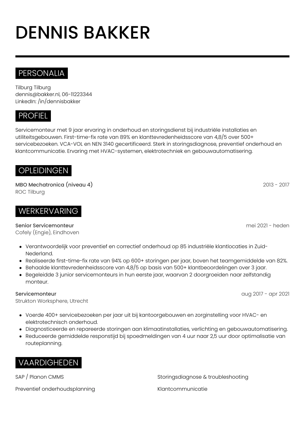 Voorbeeld CV voor servicemonteur in template Metro. CV Metro voor servicemonteur