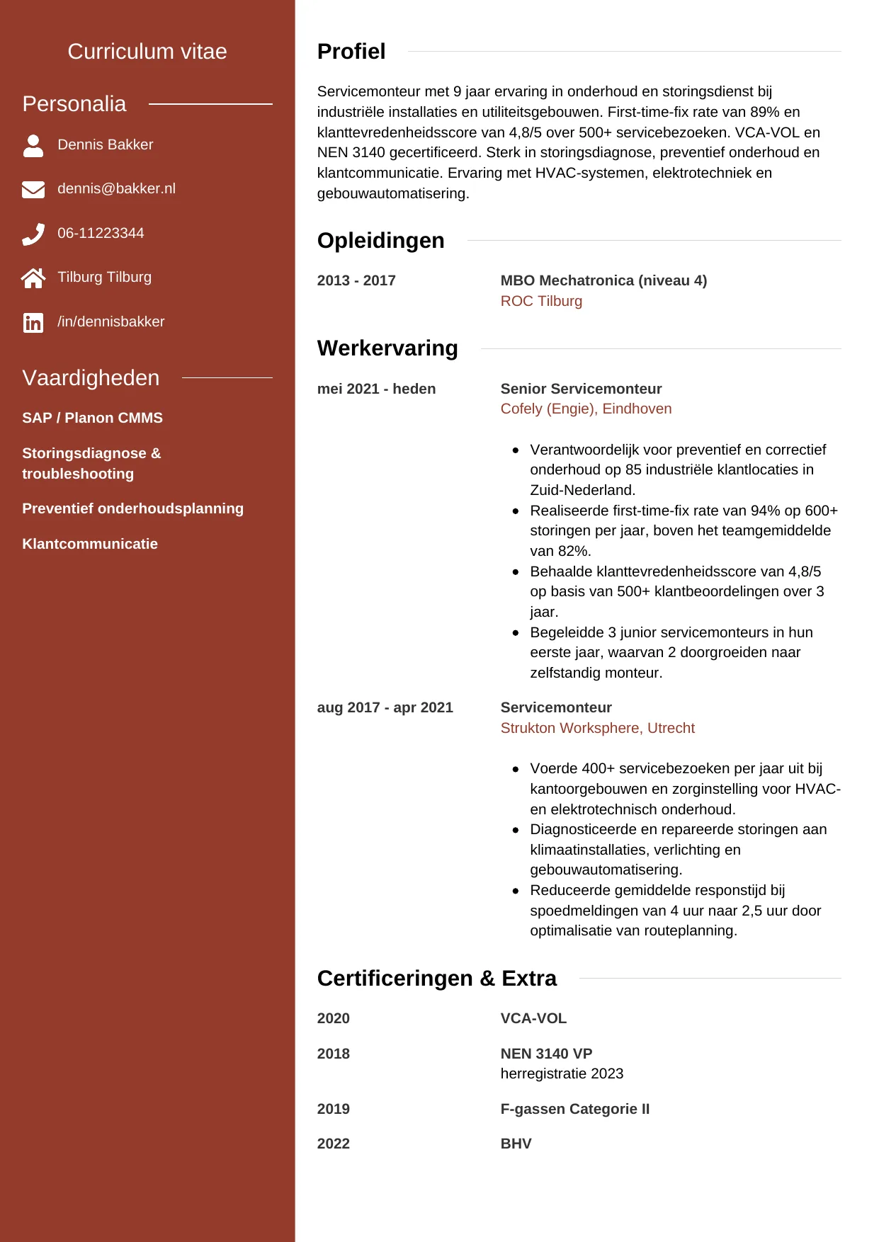 Voorbeeld CV voor servicemonteur in template Modern. CV Modern voor servicemonteur