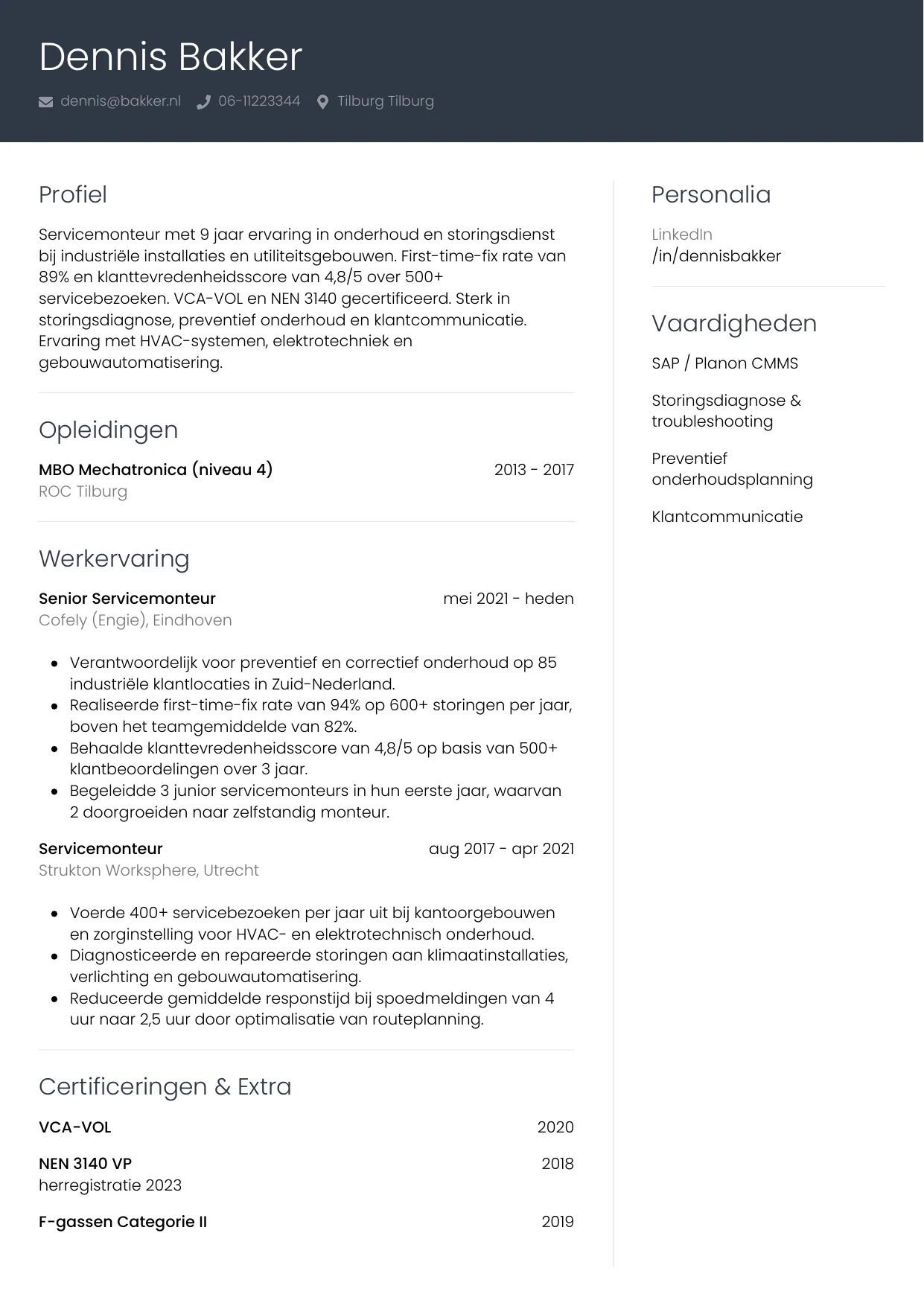 Voorbeeld CV voor servicemonteur in template Professioneel. CV Professioneel voor servicemonteur