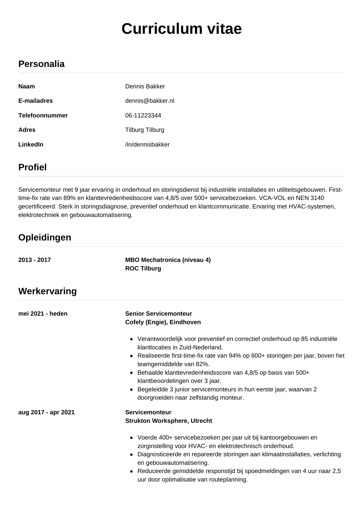 Voorbeeld CV voor servicemonteur in template Simpel. CV Simpel voor servicemonteur
