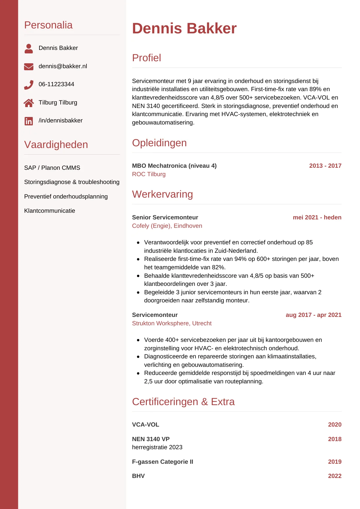Voorbeeld CV voor servicemonteur in template Verticaal. CV Verticaal voor servicemonteur