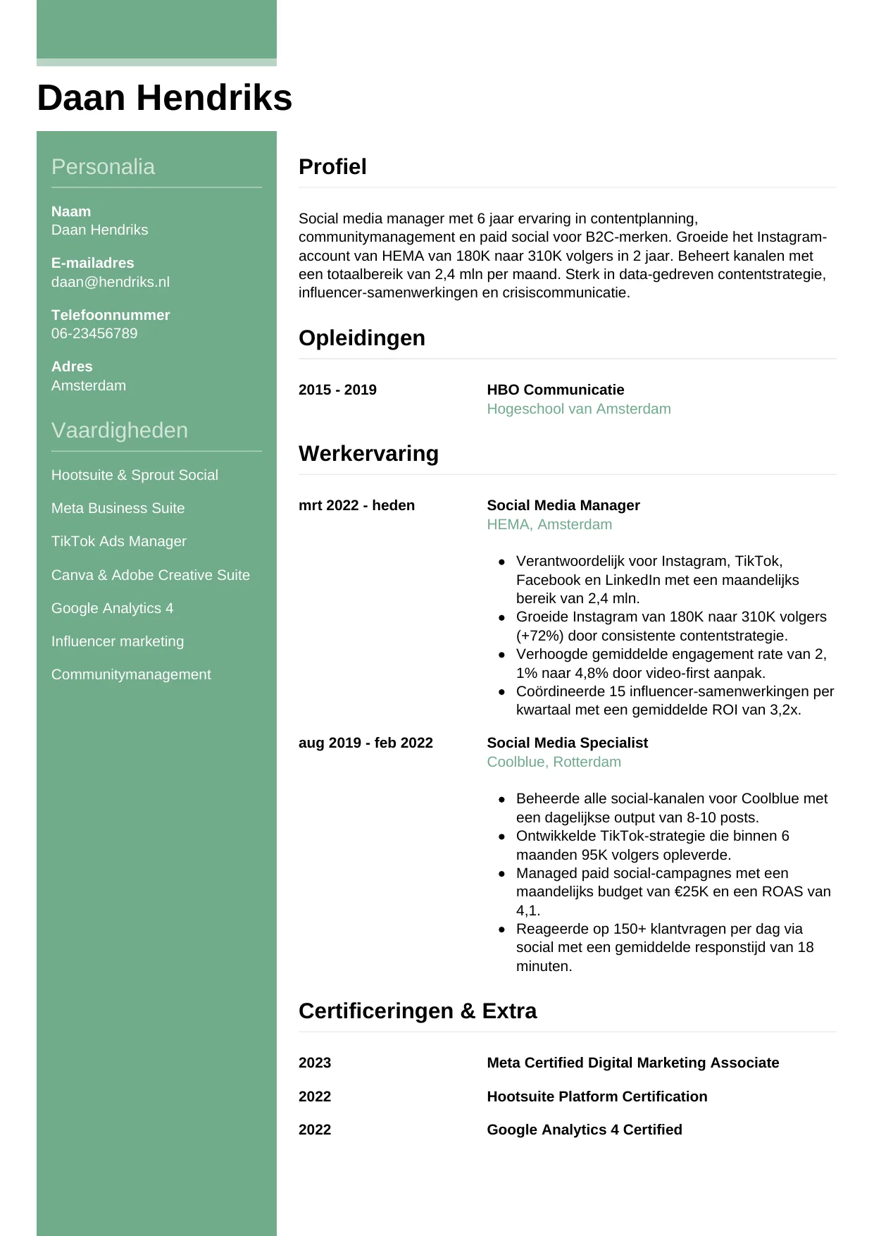 CV Casual voor social media manager