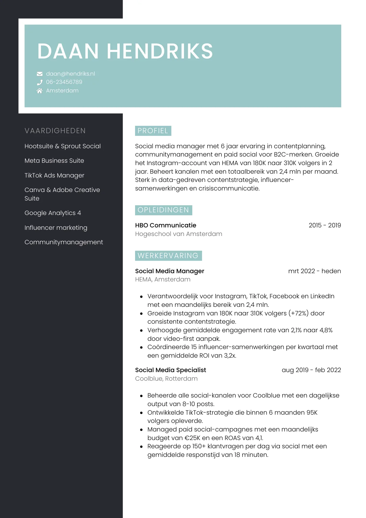 CV Elegant voor social media manager