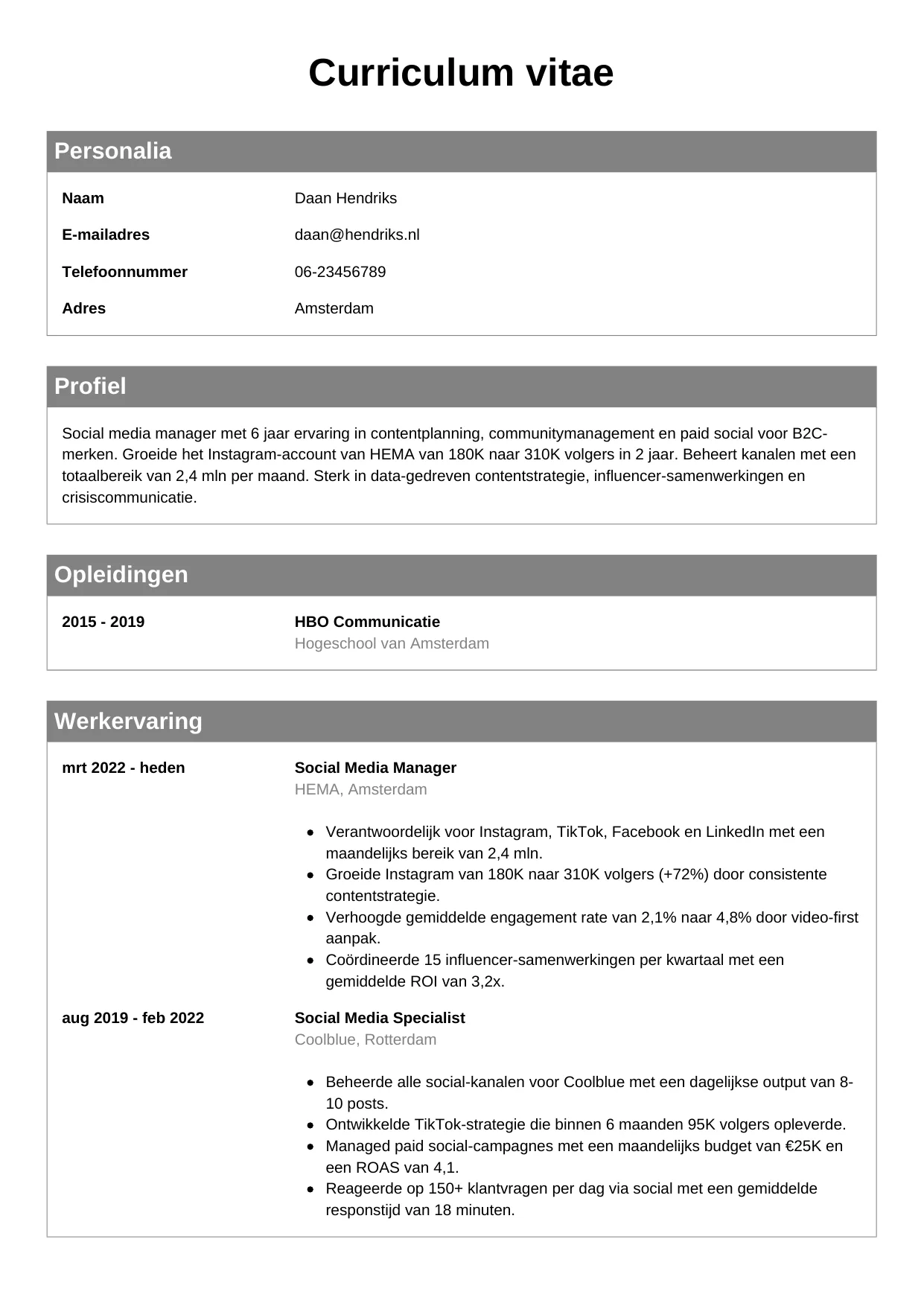 CV Klassiek voor social media manager
