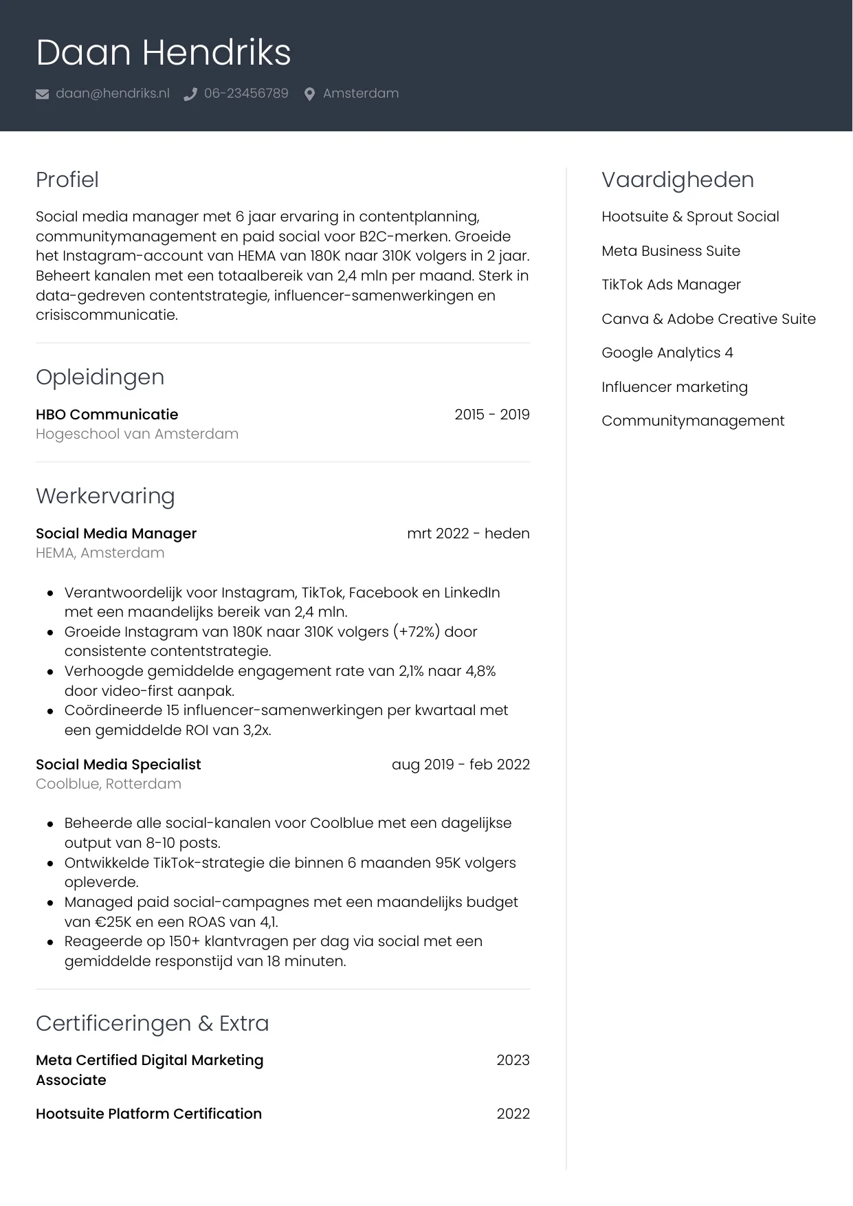 CV Professioneel voor social media manager