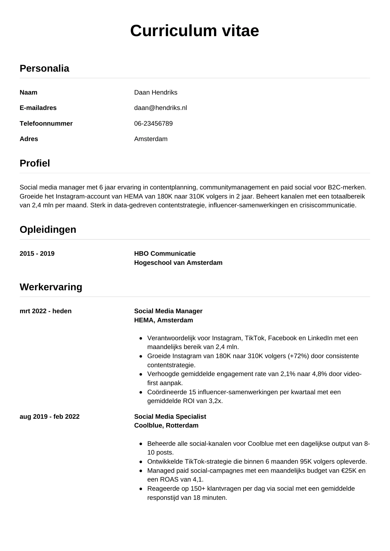 CV Simpel voor social media manager