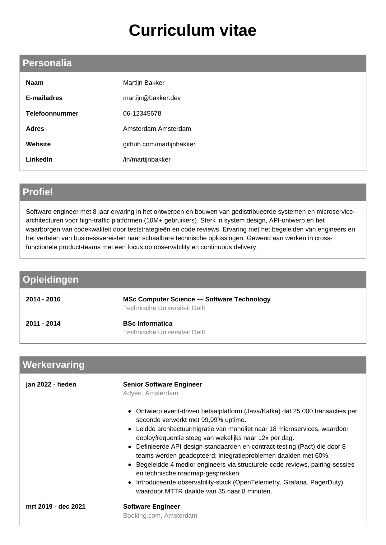 CV Klassiek voor software engineer