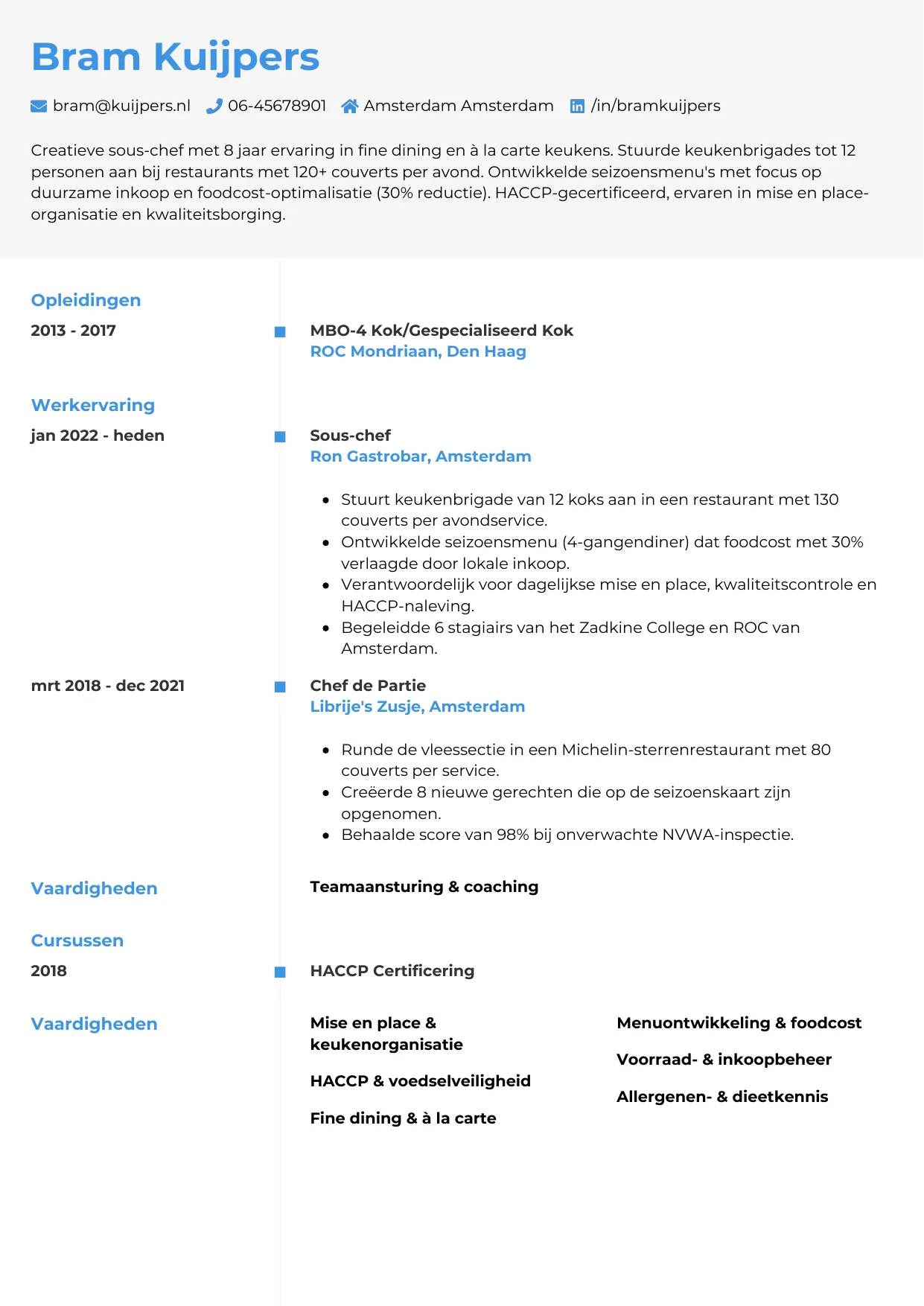 CV Chrono voor sous-chef