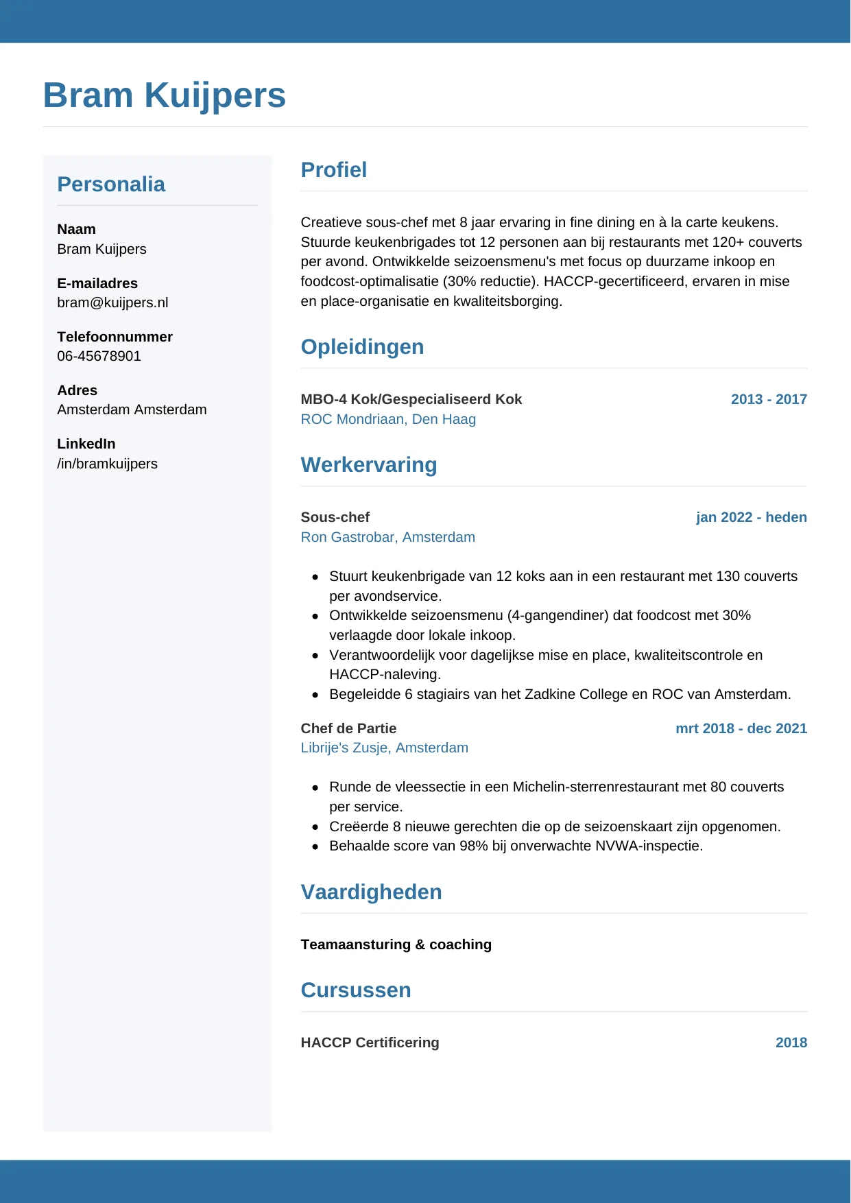 CV Horizontaal voor sous-chef