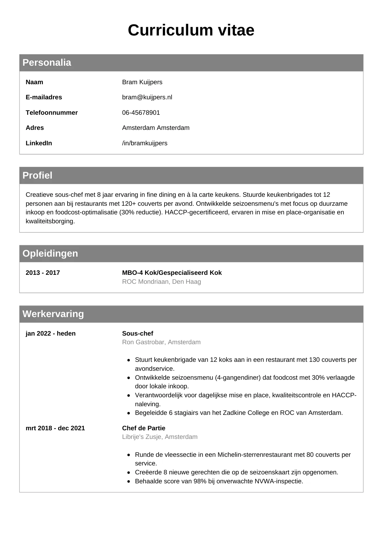 CV Klassiek voor sous-chef