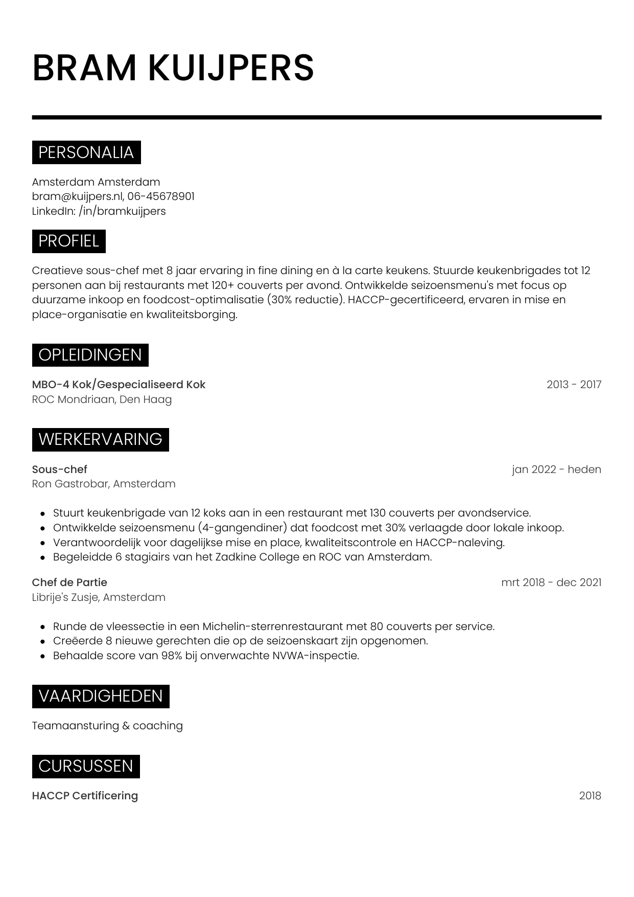 CV Metro voor sous-chef