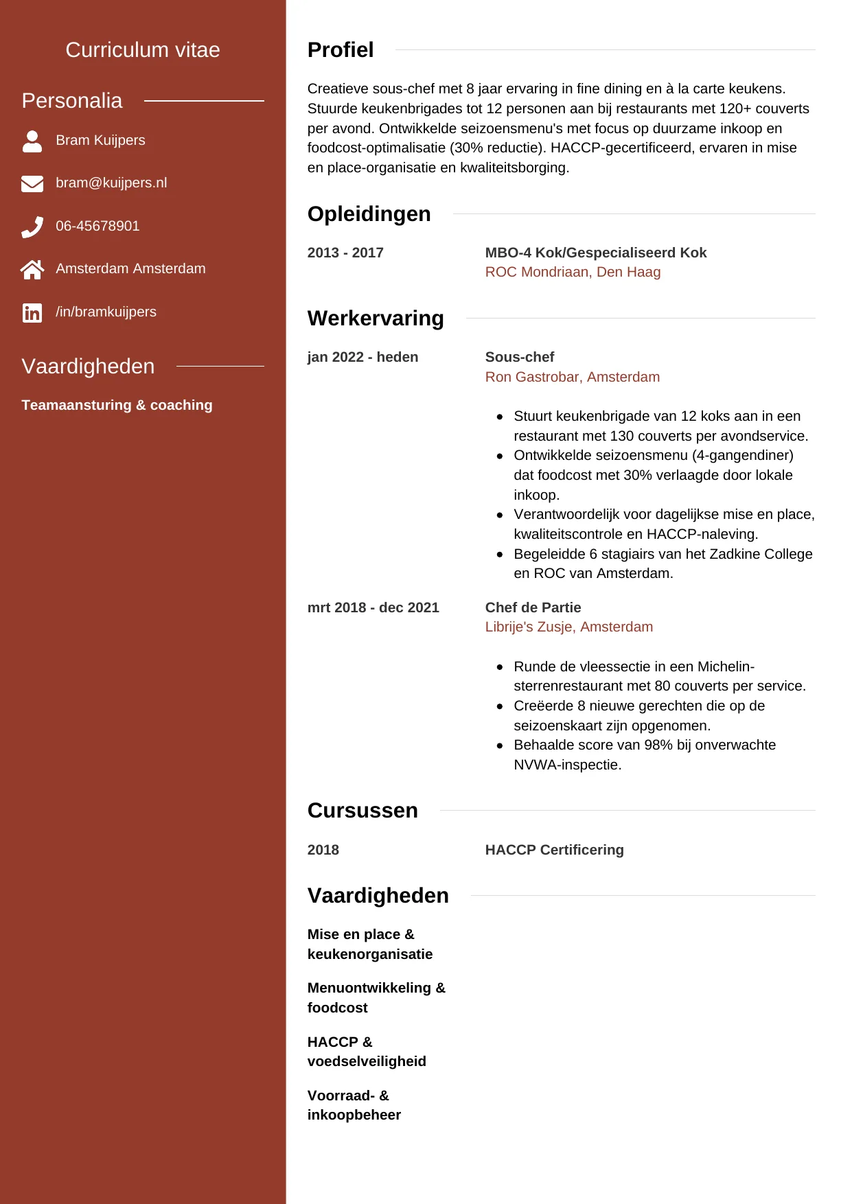CV Modern voor sous-chef