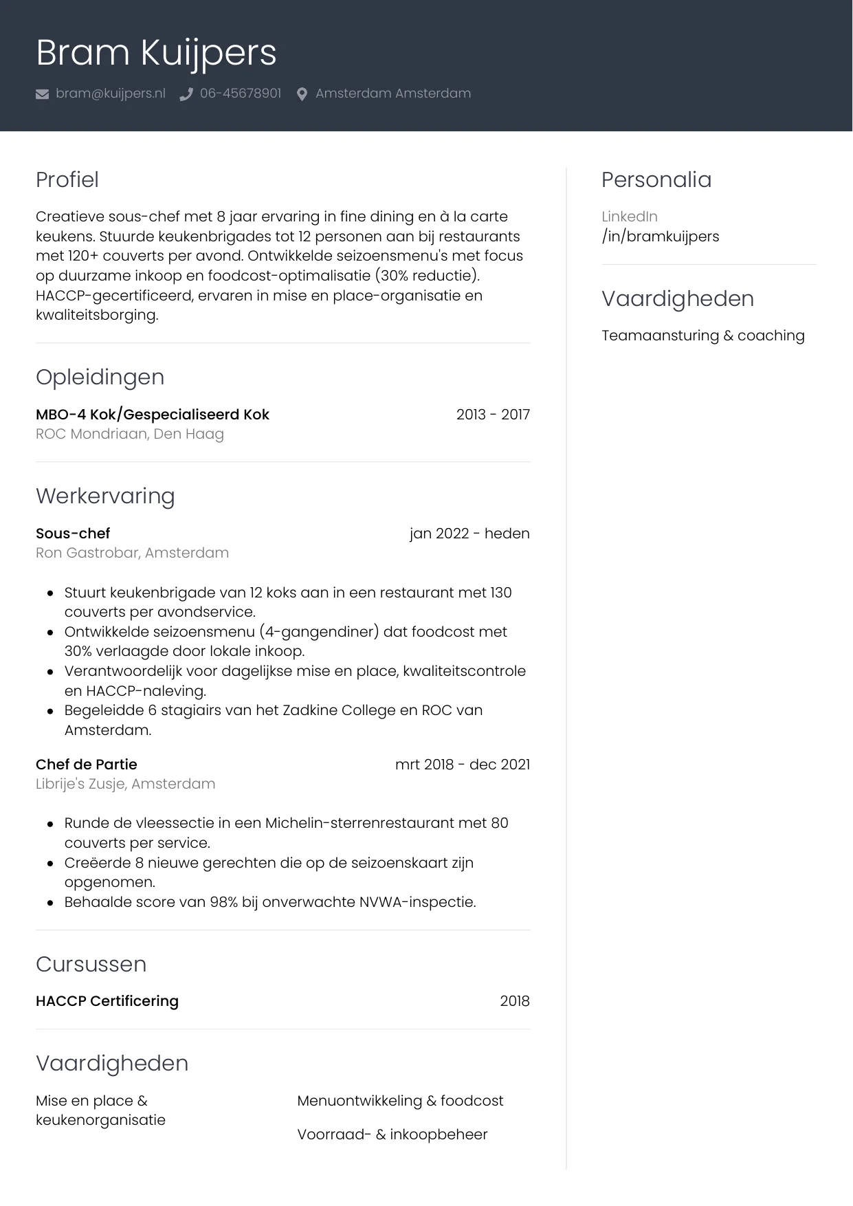 CV Professioneel voor sous-chef